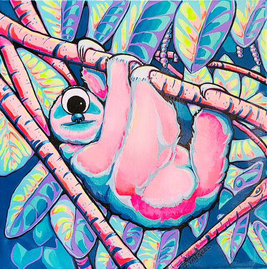 "Acrylic painting inspired by the tropical flora of Bocas del Toro, featuring a neon sloth."