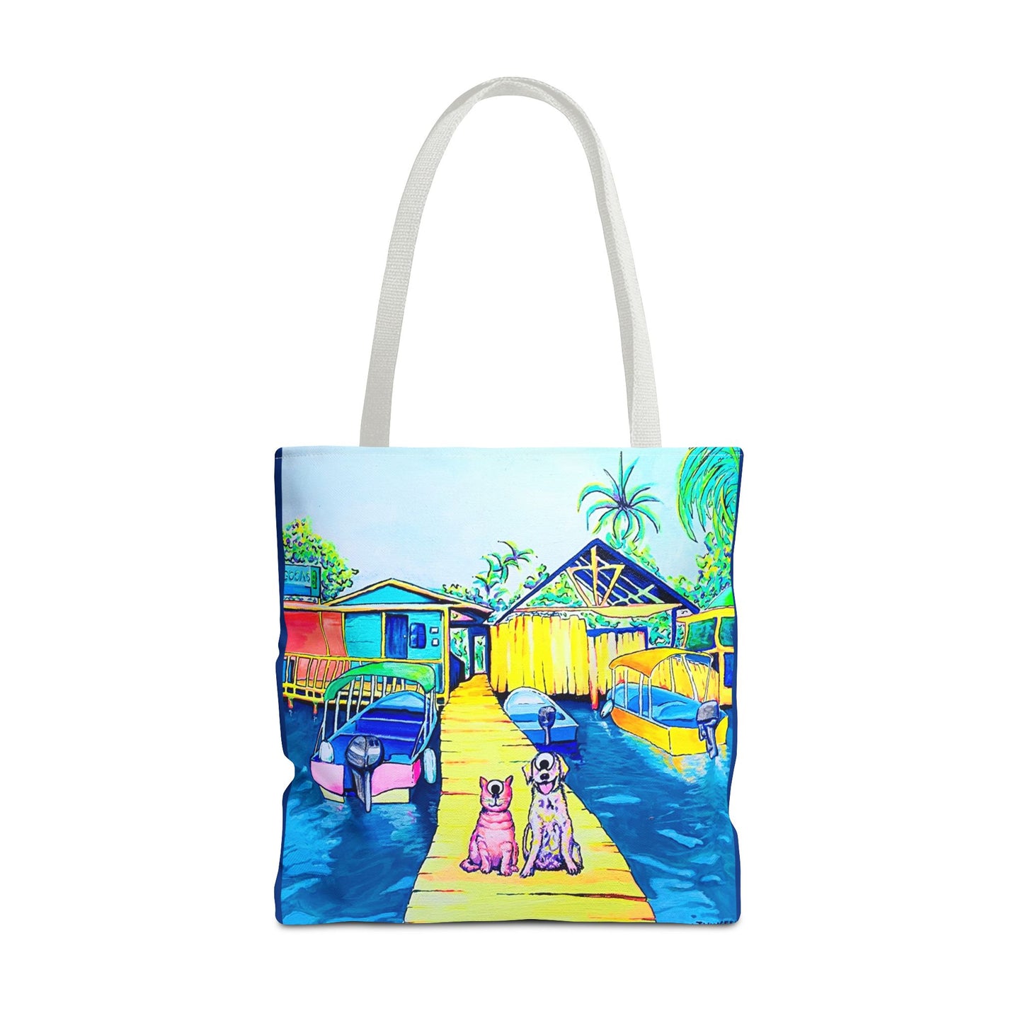 Premium Cyclops Cat and Dog on Tropical Island Tote Bag, Original Artist Design, Reusable Shopping Tote, Eco-Friendly