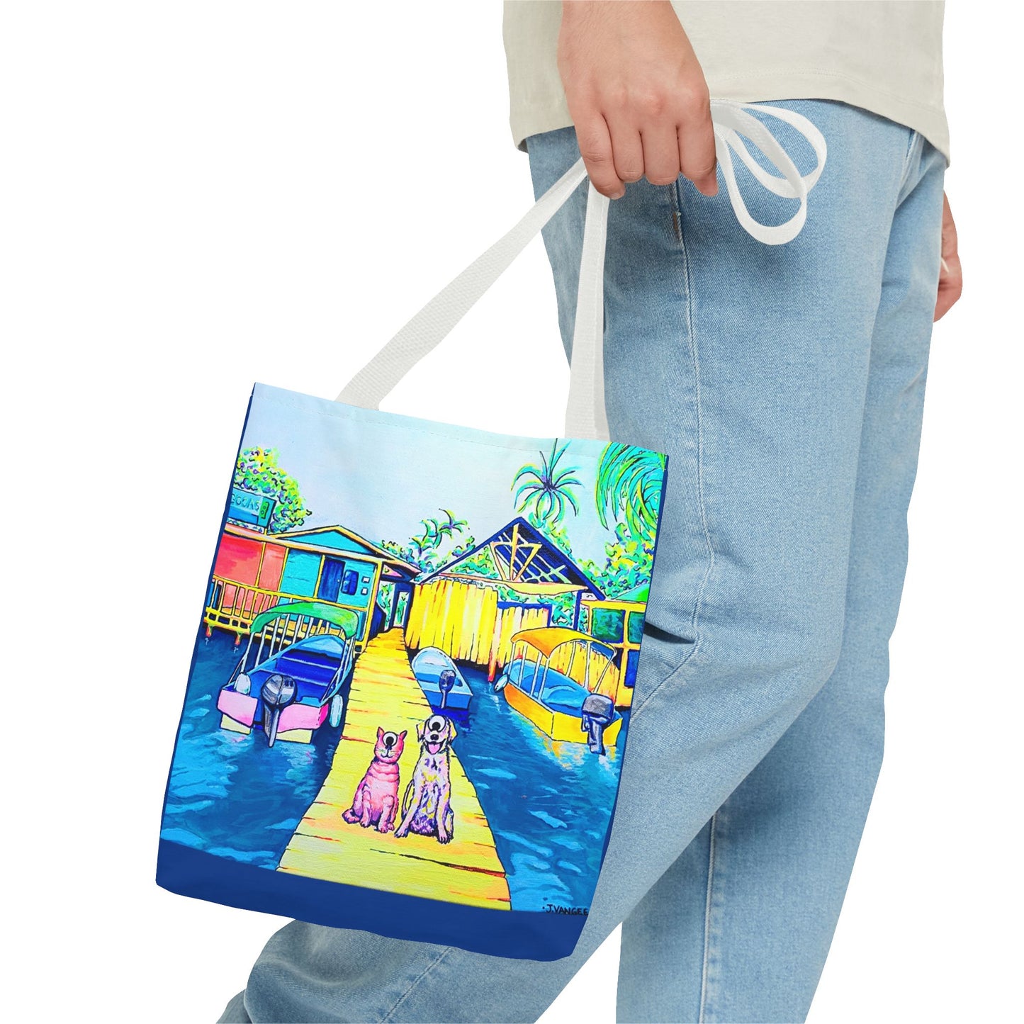 Premium Cyclops Cat and Dog on Tropical Island Tote Bag, Original Artist Design, Reusable Shopping Tote, Eco-Friendly