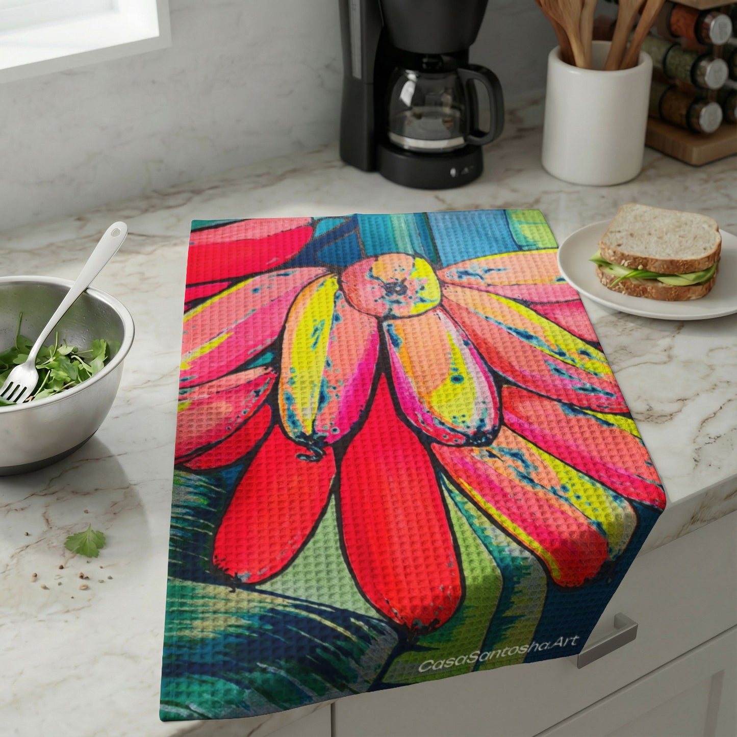 Neon Primitivo Bananas Waffle Weave Kitchen Hand Towel
