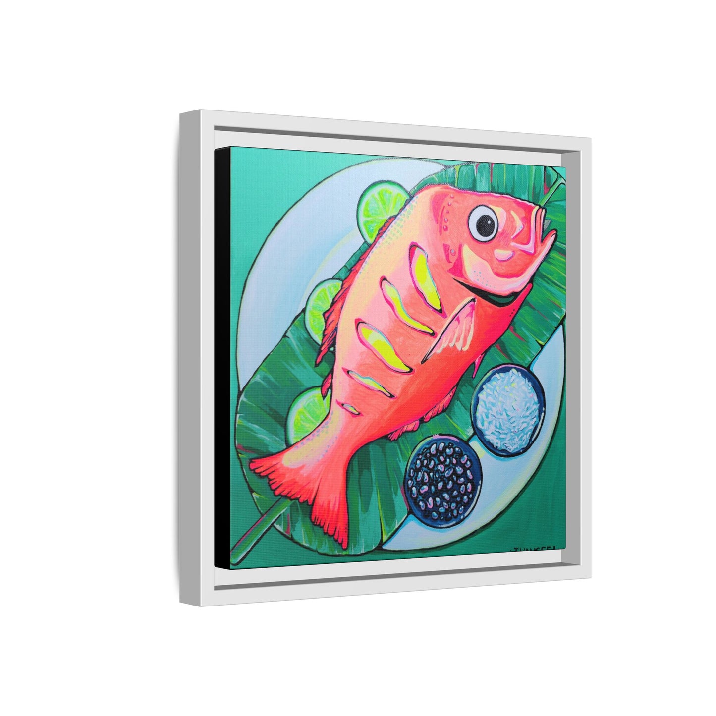 Framed Neon Fried Fish Canvas Print