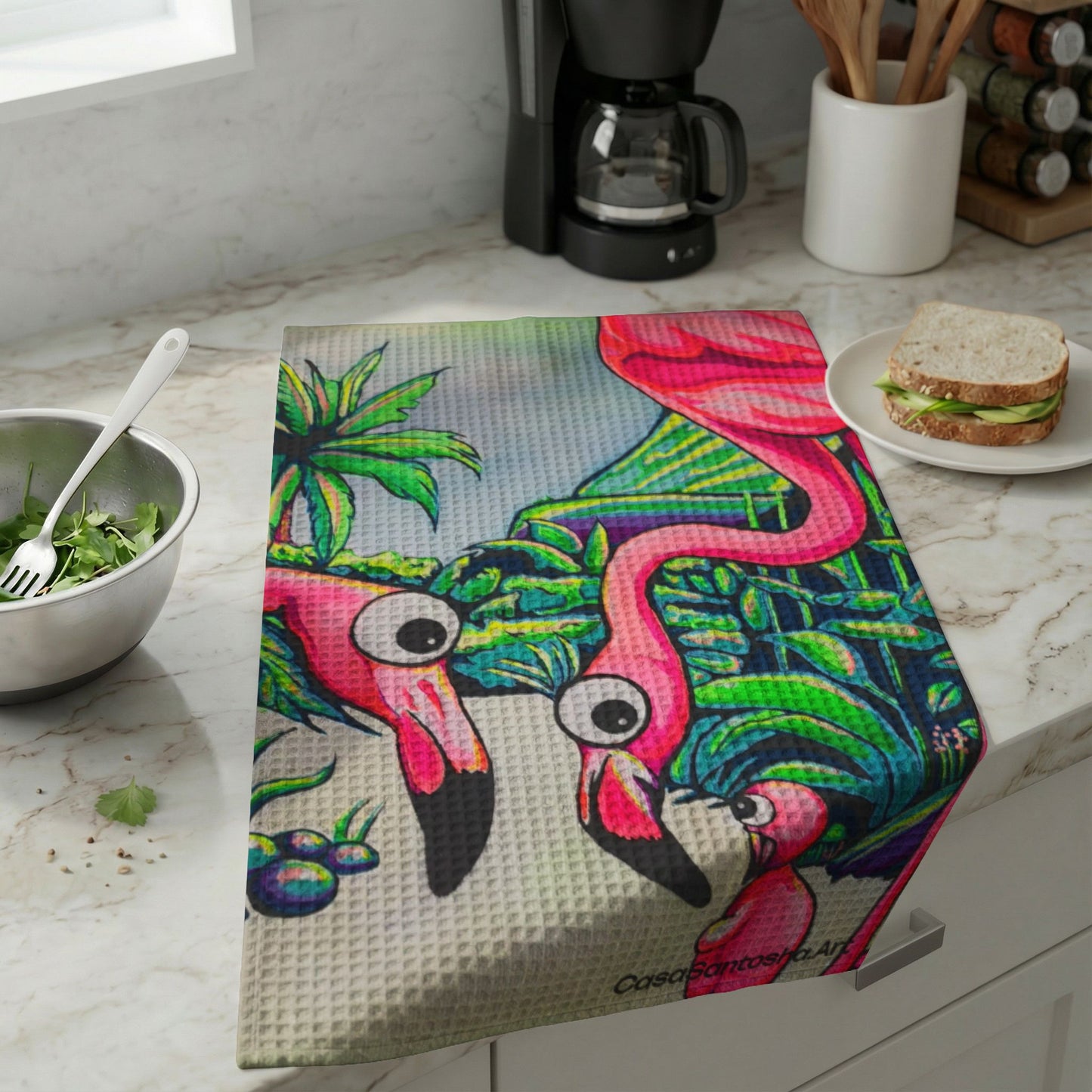 Cyclops Flamingo Family Waffle Weave Kitchen Hand Towel