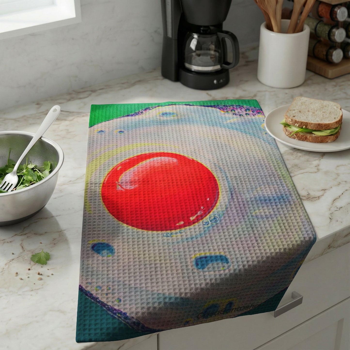 Neon Fried Egg Waffle Weave Kitchen Hand Towel