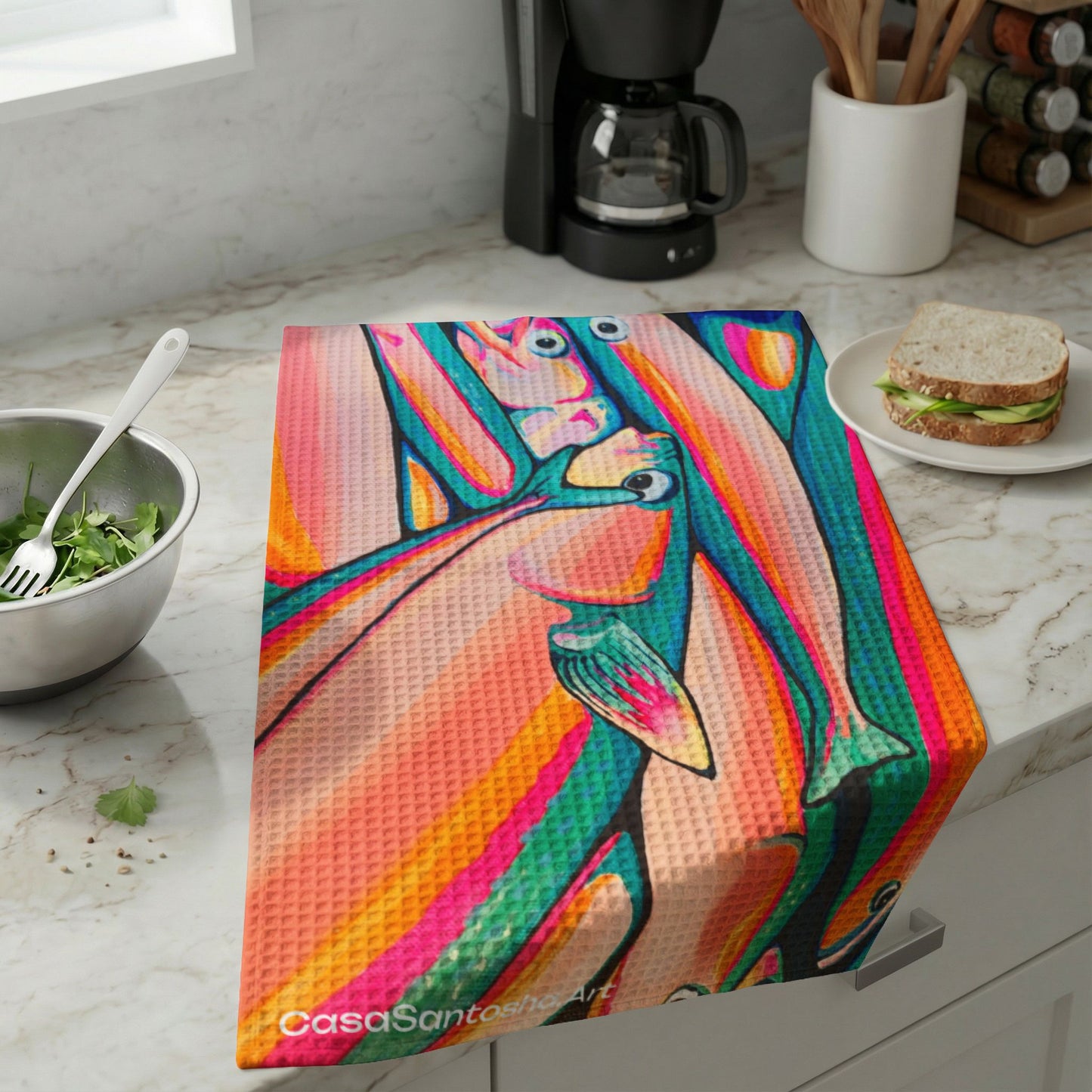 Neon Fish Waffle Weave Kitchen Hand Towel