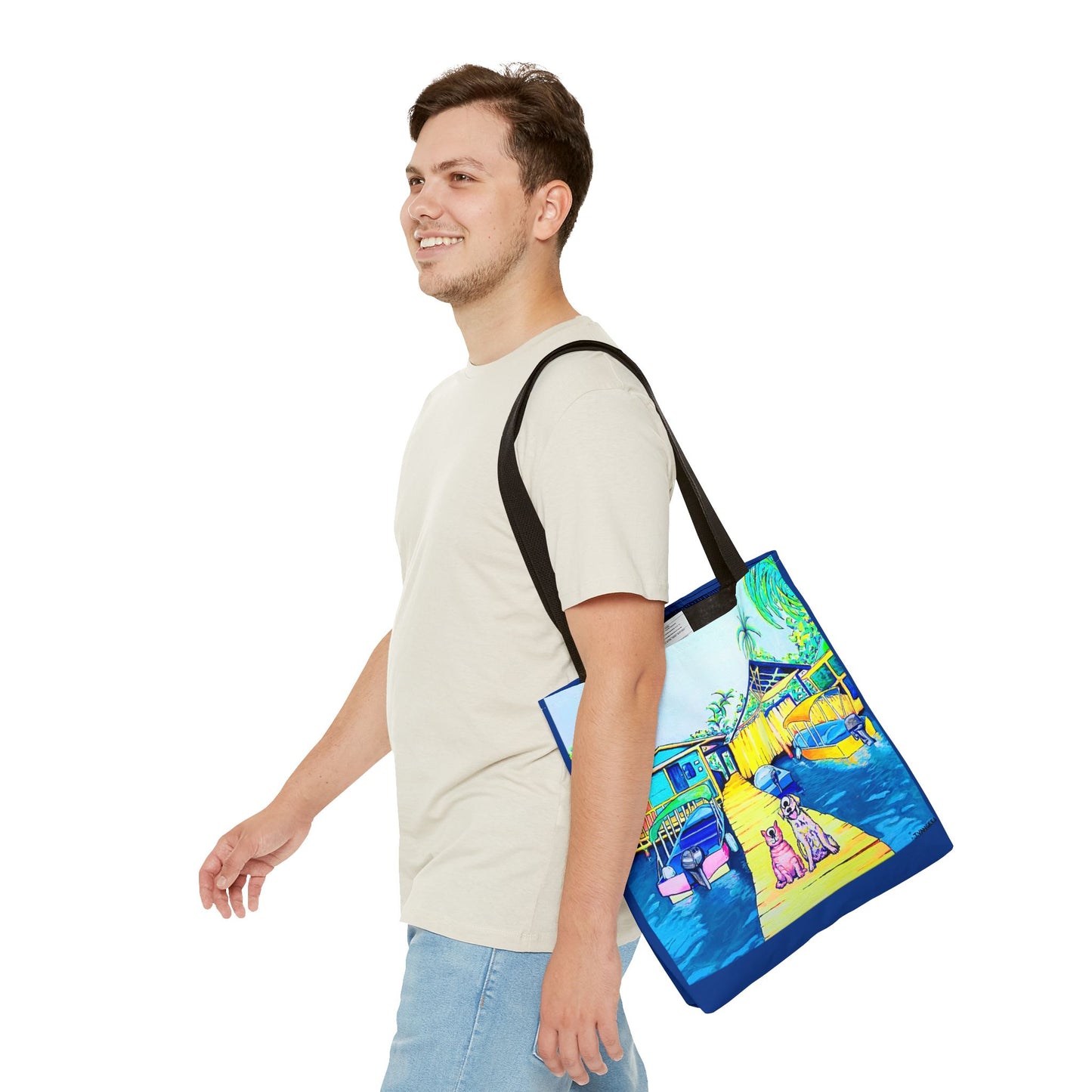 Premium Cyclops Cat and Dog on Tropical Island Tote Bag, Original Artist Design, Reusable Shopping Tote, Eco-Friendly