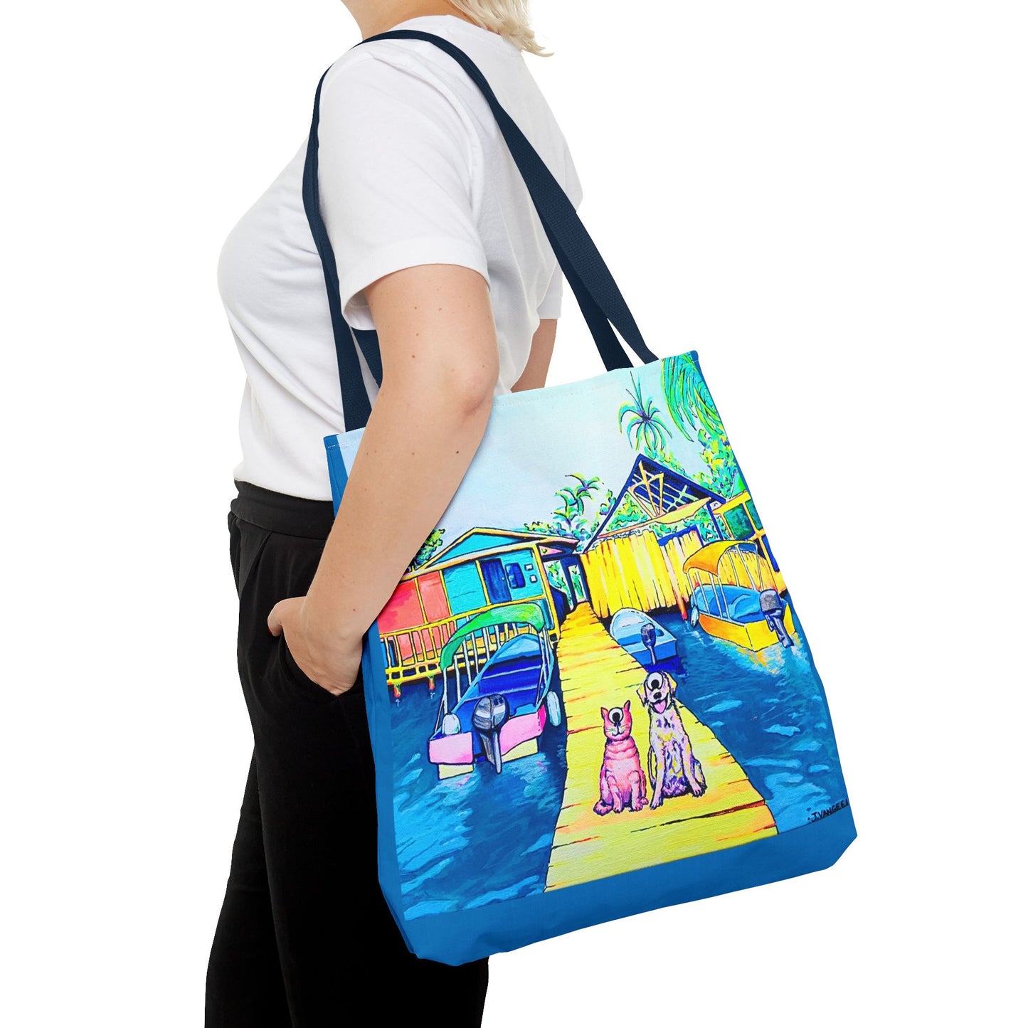 Premium Cyclops Cat and Dog in Bocas Tote Bag, Original Artist Design, Reusable Shopping Tote, Eco-Friendly