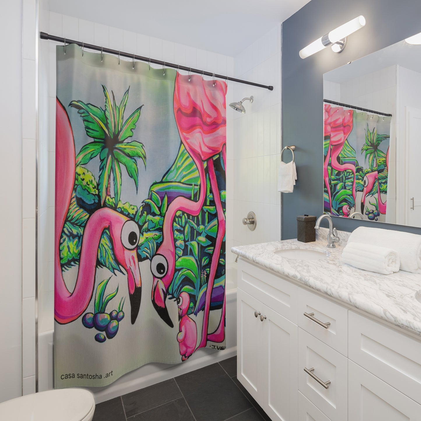 Rideau de douche pop art famille flamant rose cyclope