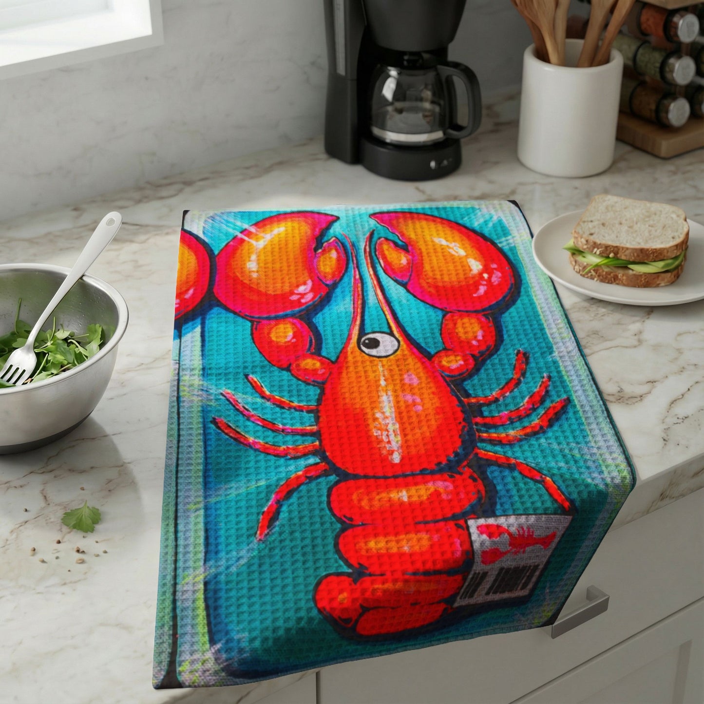 Fresh Neon Lobster Waffle Weave Kitchen Hand Towel
