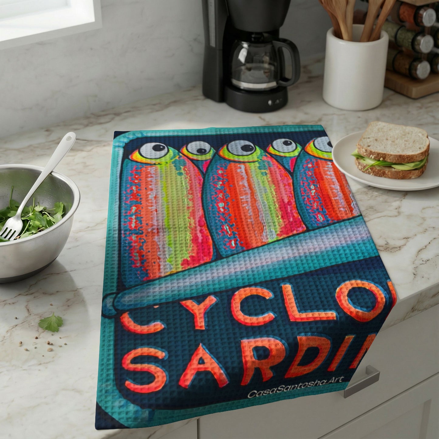 Neon Sardines Waffle Weave Kitchen Hand Towel