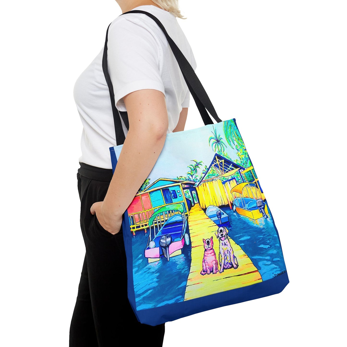 Premium Cyclops Cat and Dog on Tropical Island Tote Bag, Original Artist Design, Reusable Shopping Tote, Eco-Friendly