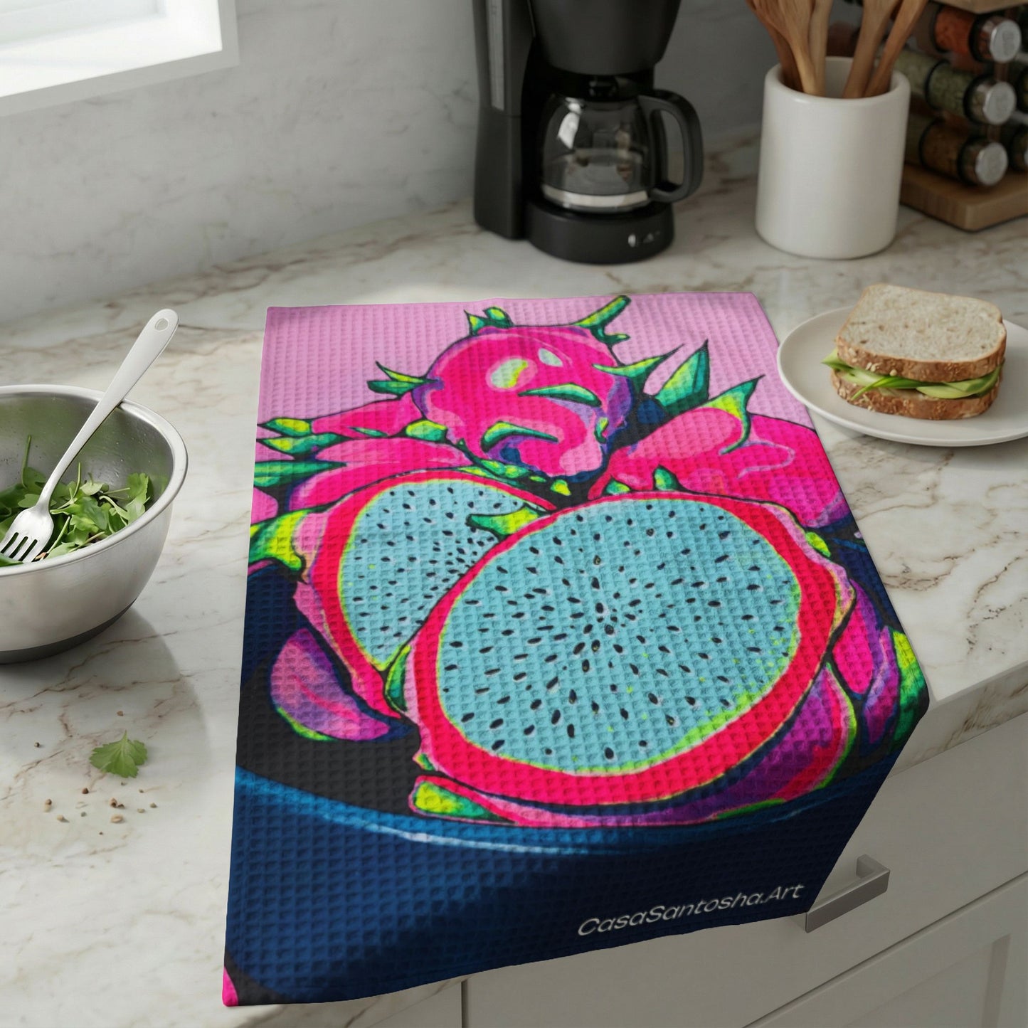 Neon Pink Dragon Fruit Waffle Weave Kitchen Hand Towel