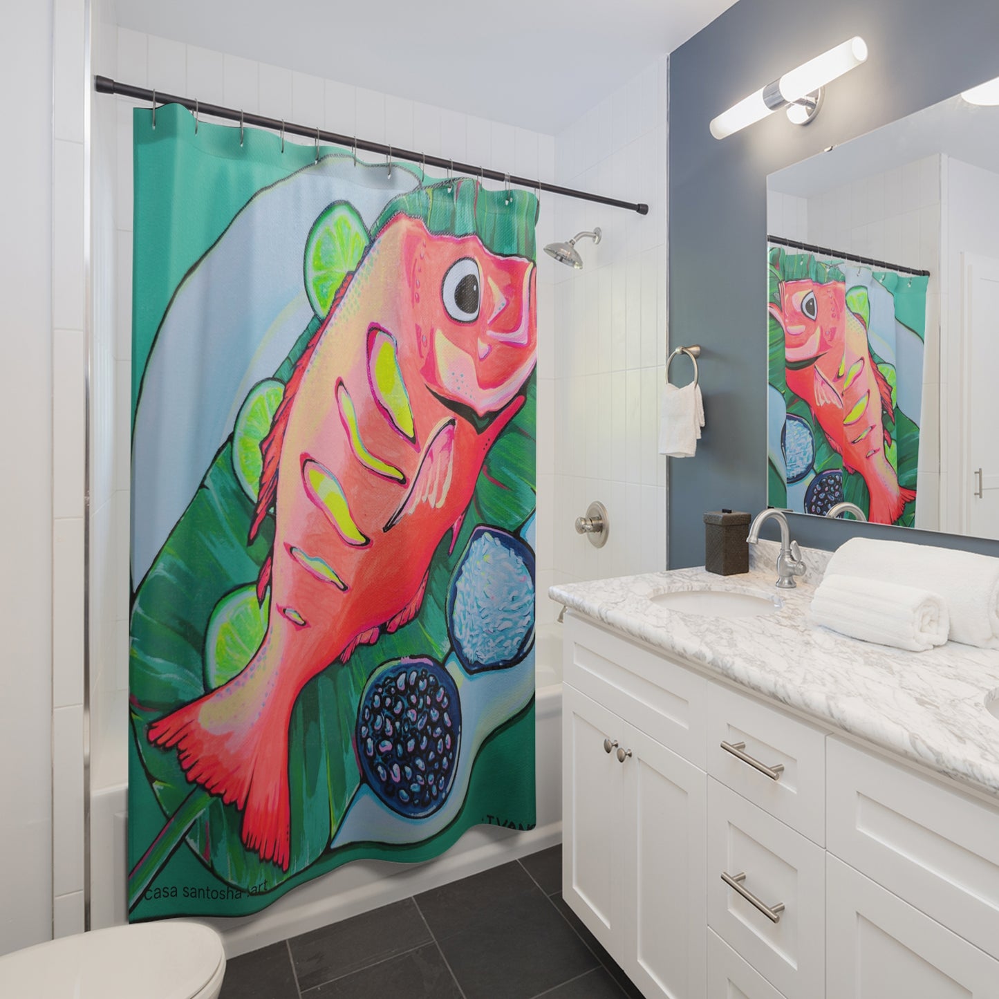 Rideau de douche Pop Art Poisson Frit Néon