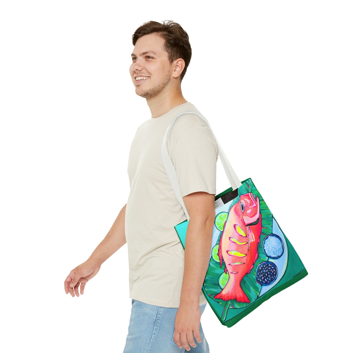 Premium Vibrant Fried Fish Tote Bag, Original Artist Design, Reusable Shopping Tote, Eco-Friendly