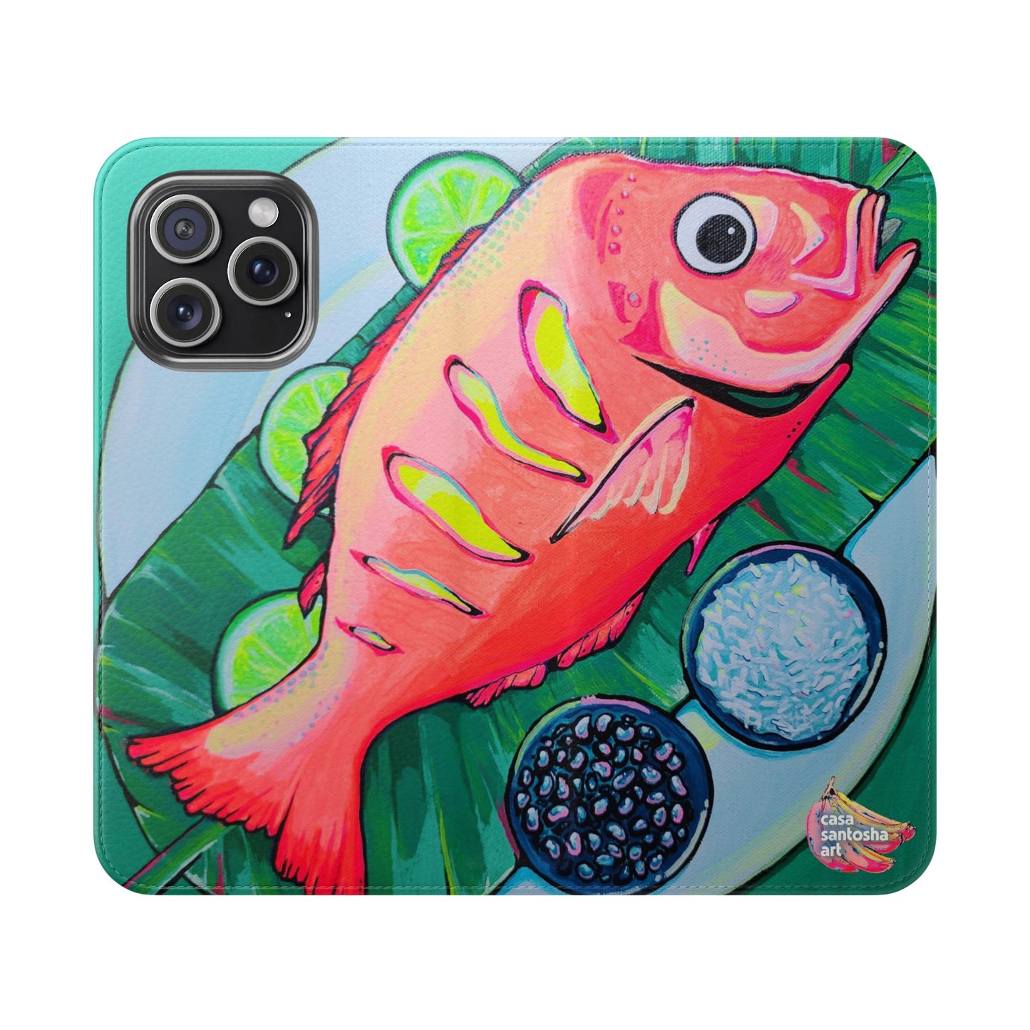 Neon Fried Fish Flip Phone Case – Wallet Cover with Card Slots