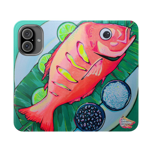 Neon Fried Fish Flip Phone Case – Wallet Cover with Card Slots