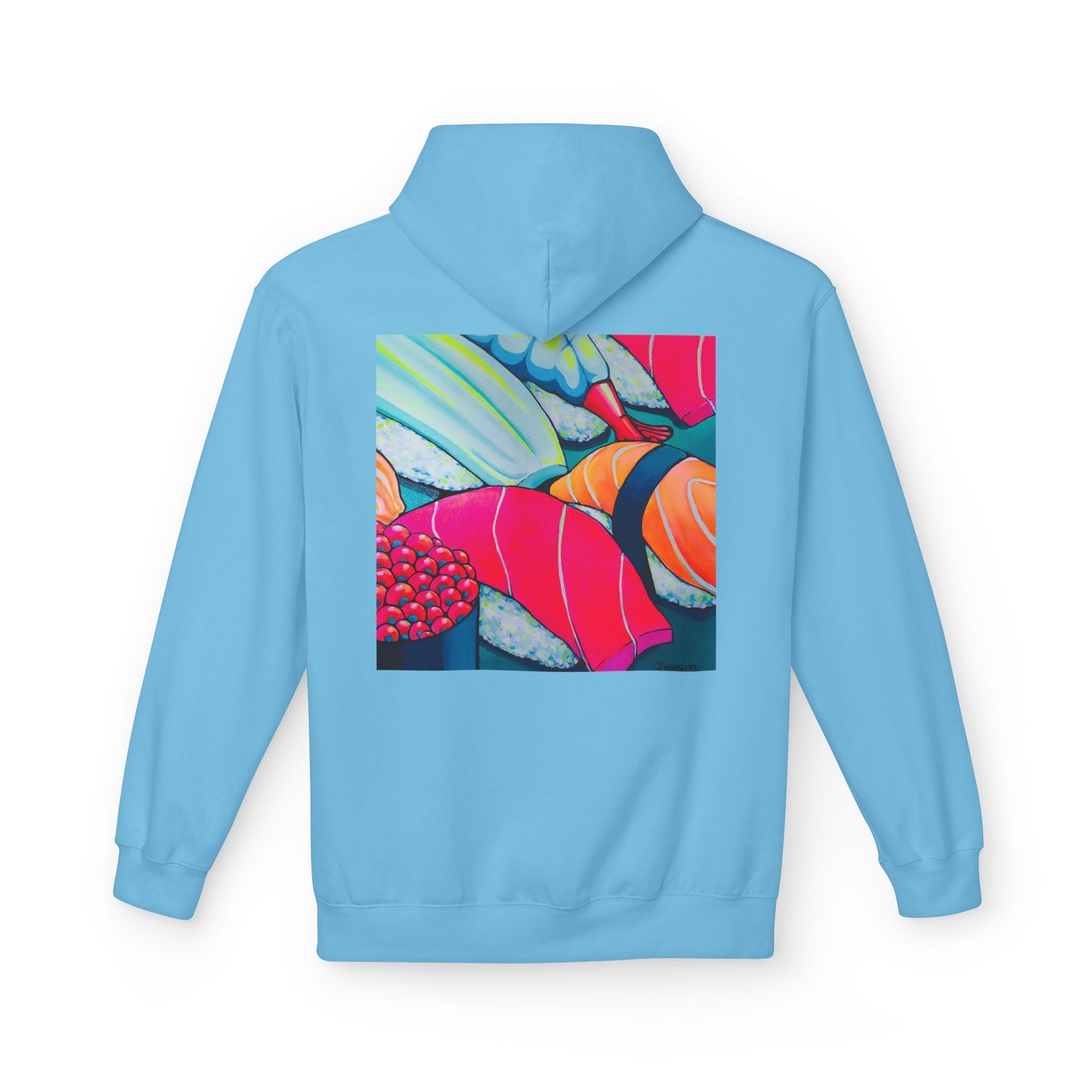 Sweat à capuche doux unisexe néon motif sushis