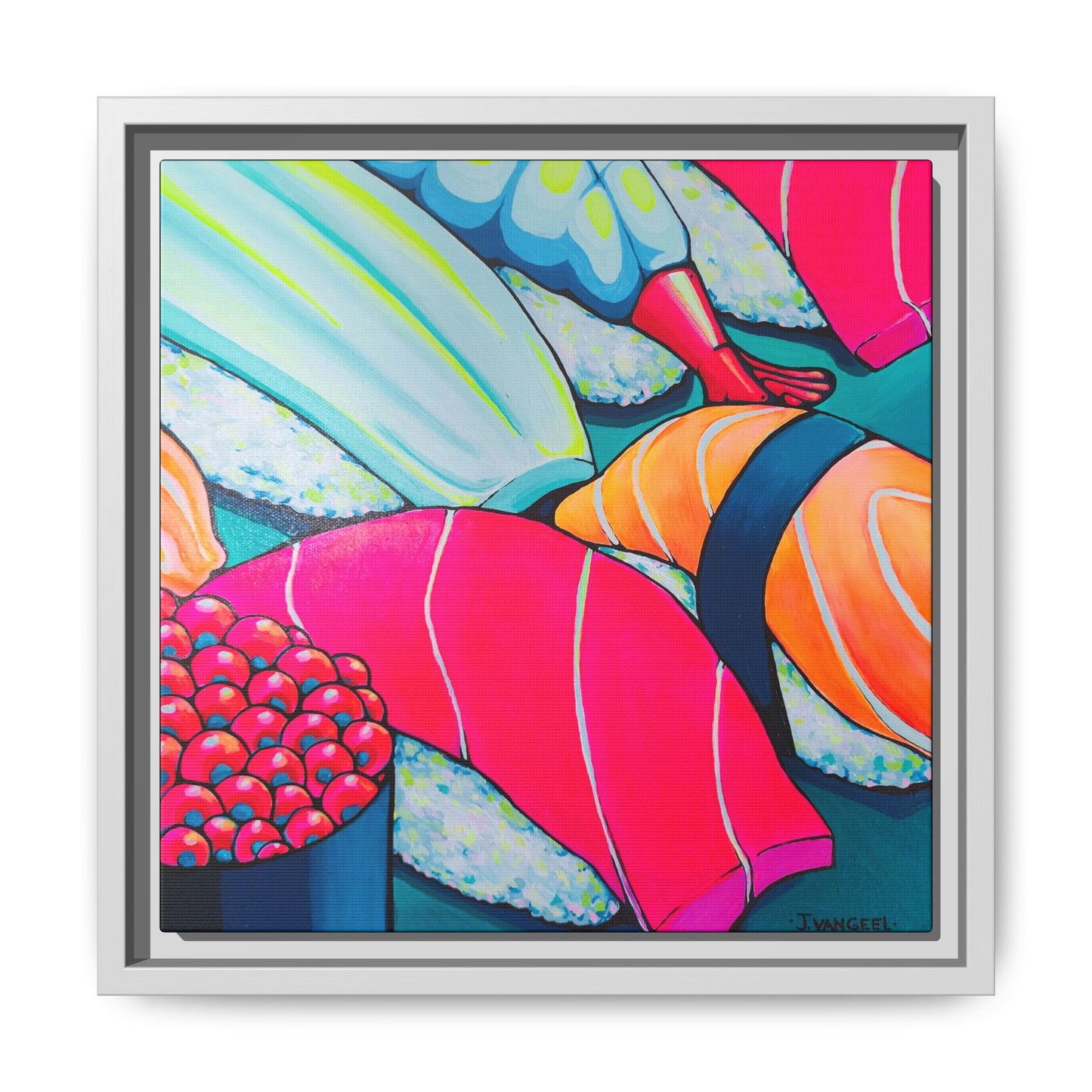 Framed Neon Sushi Canvas Print