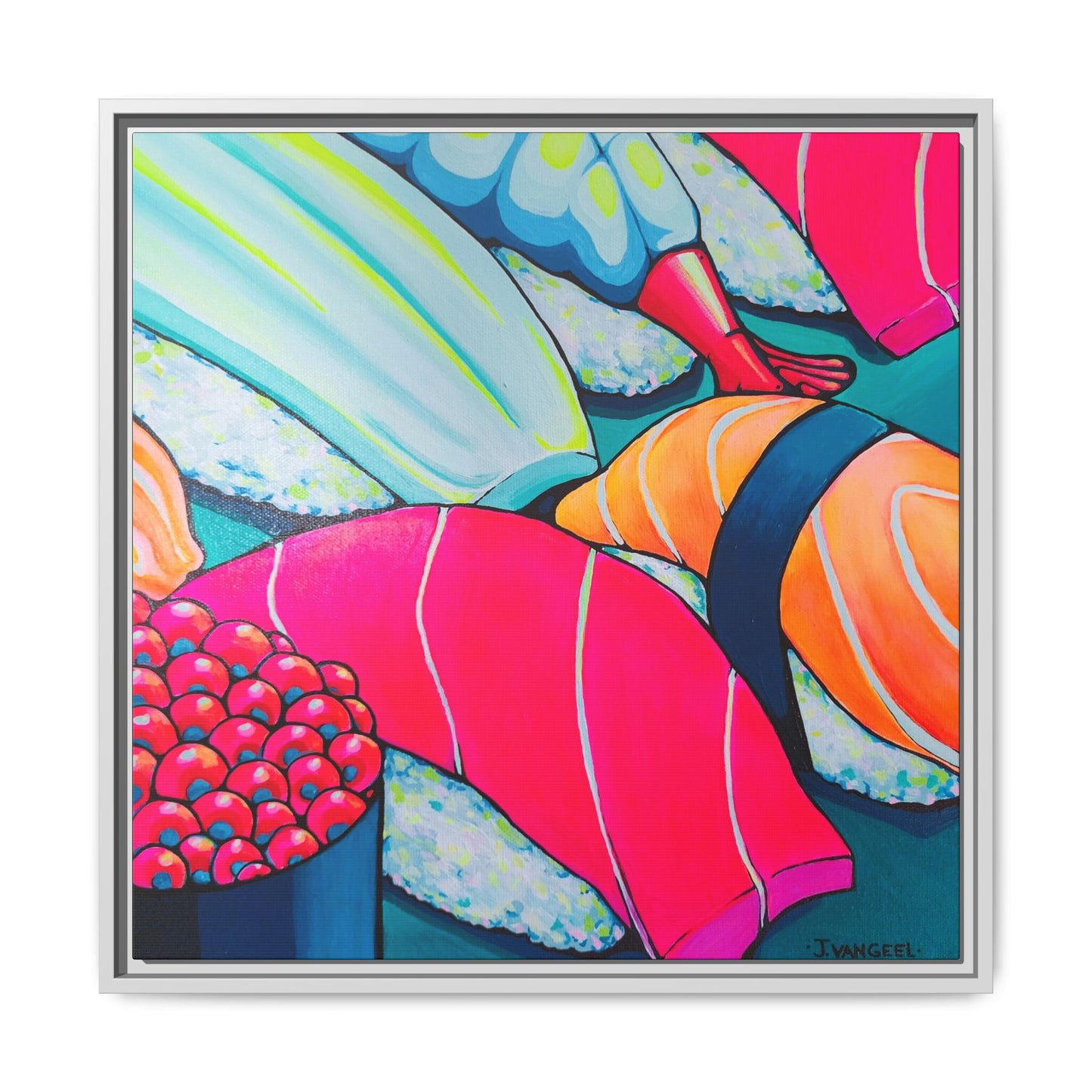Framed Neon Sushi Canvas Print