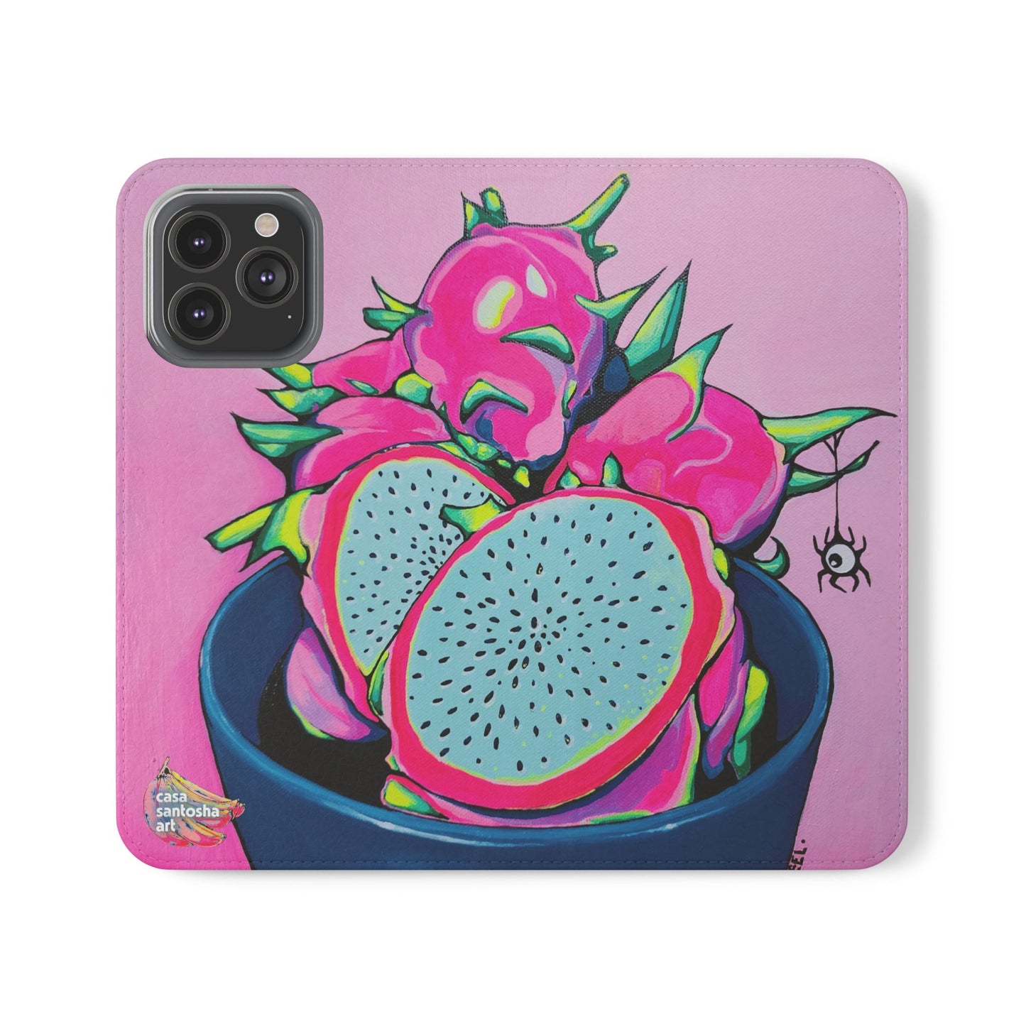 Neon Pink Dragon Fruit Flip Phone Case – Wallet Cover with Card Slots