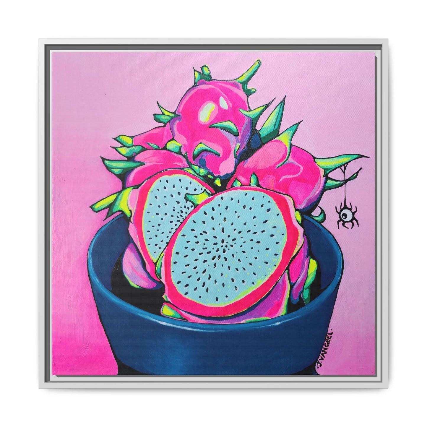 Framed Neon Pink Dragon Fruit Canvas Print