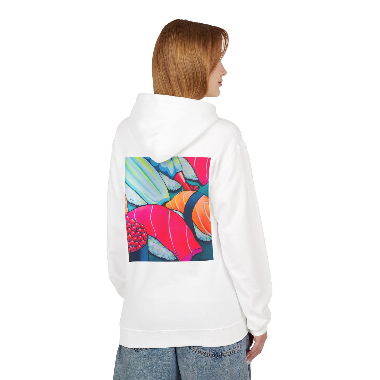 Sweat à capuche doux unisexe néon motif sushis