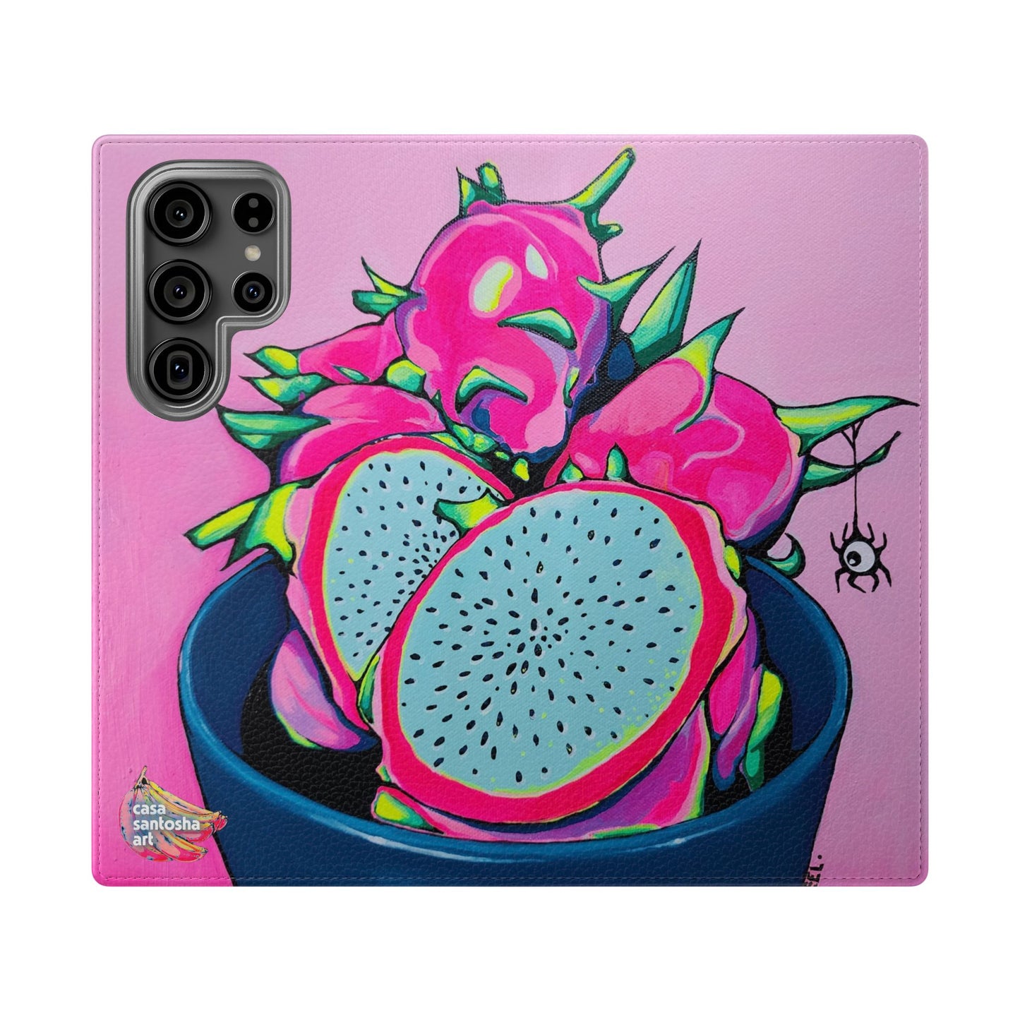 Neon Pink Dragon Fruit Flip Phone Case – Wallet Cover with Card Slots