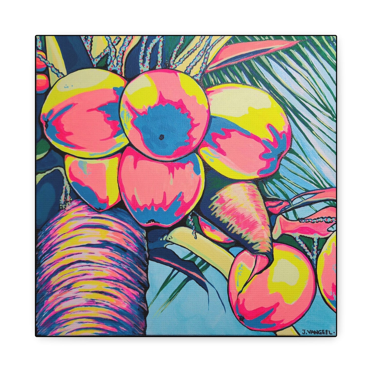Neon Coconuts Canvas Print, Original Artist Design, Home Decor Wall Art