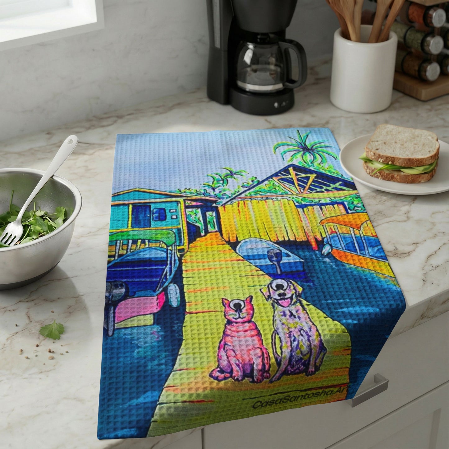 Cyclops Cat and Dog in Bocas Waffle Weave Kitchen Hand Towel
