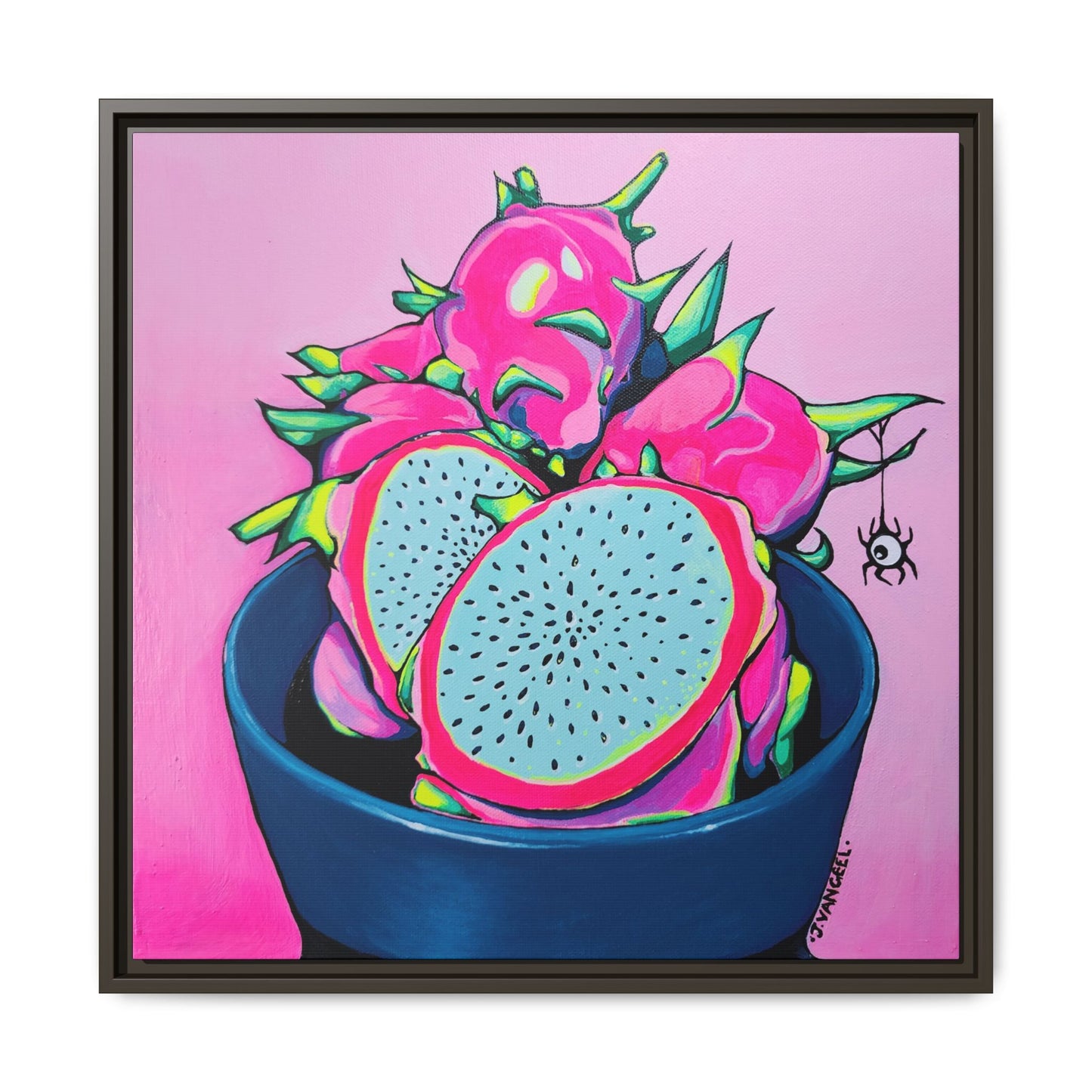 Framed Neon Pink Dragon Fruit Canvas Print