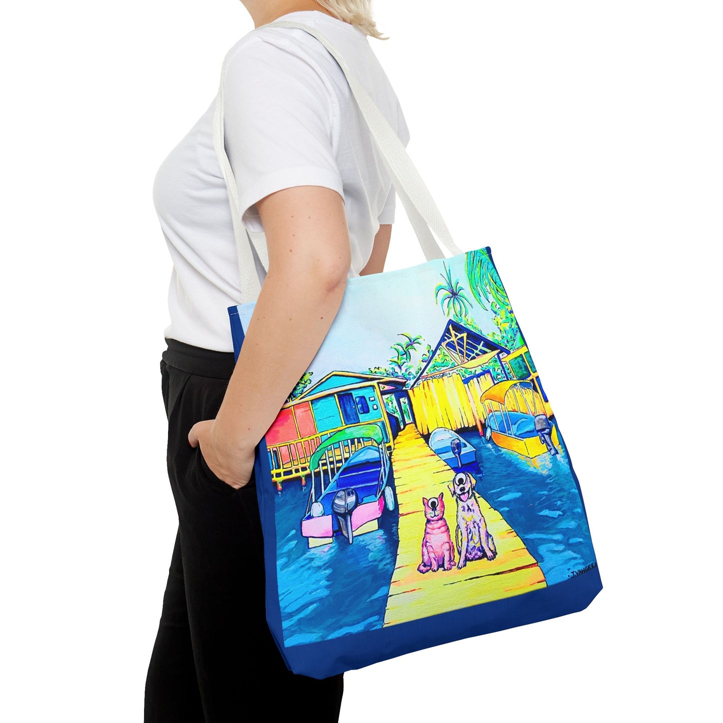 Premium Cyclops Cat and Dog in Bocas Tote Bag, Original Artist Design, Reusable Shopping Tote,  Eco-Friendly