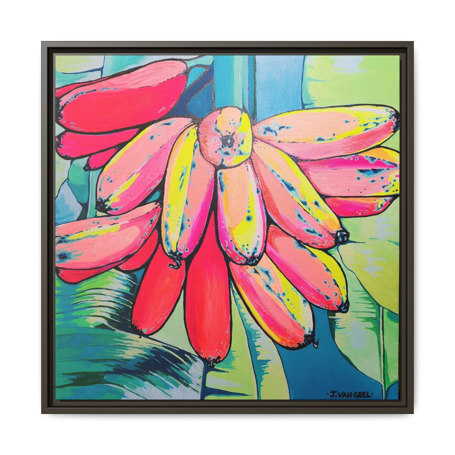 Framed Neon Primitivo Bananas Canvas Print