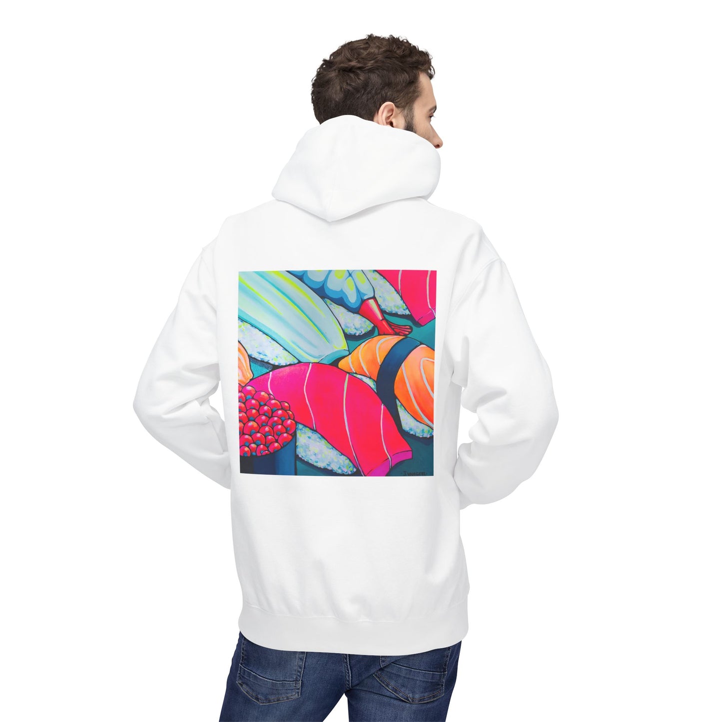 Sweat à capuche doux unisexe néon motif sushis