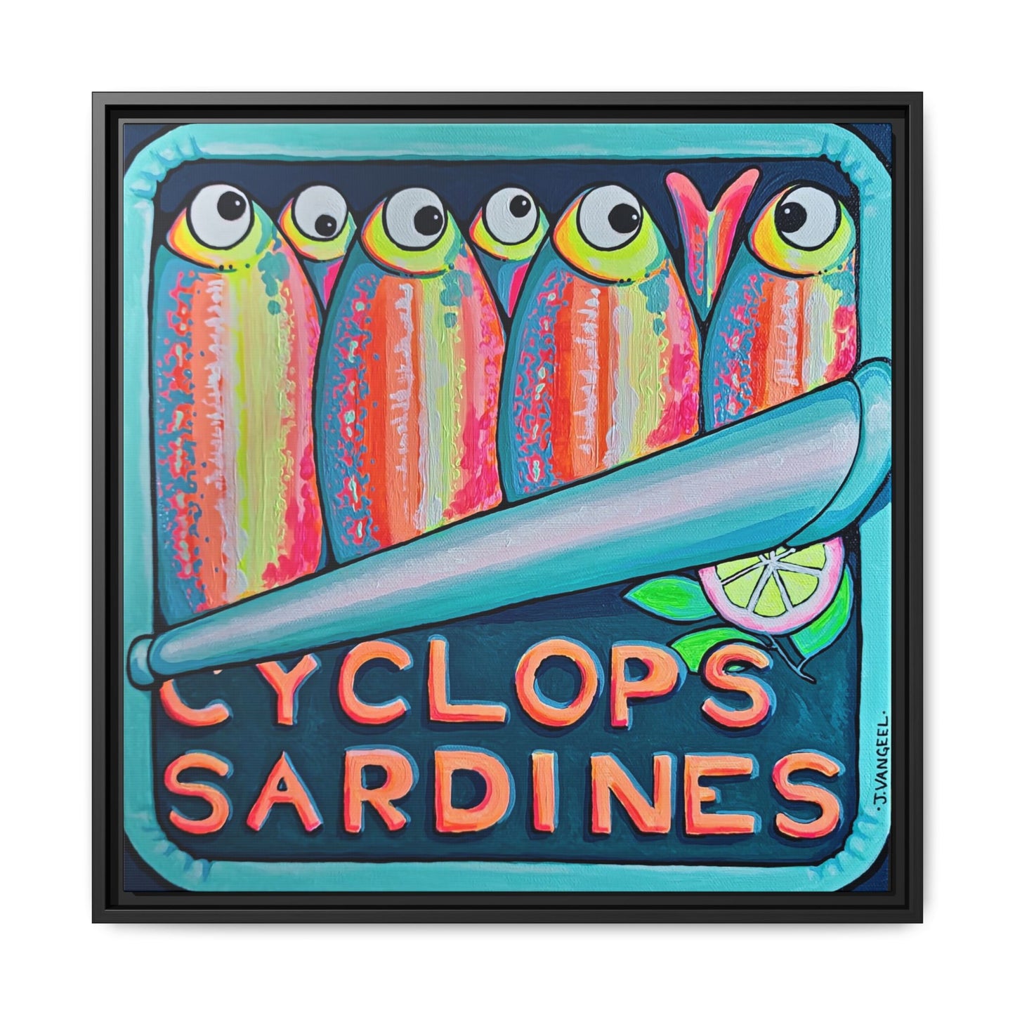 Framed Neon Sardines Canvas Print