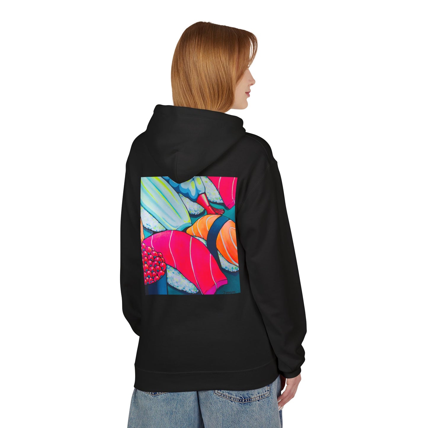 Sweat à capuche doux unisexe néon motif sushis