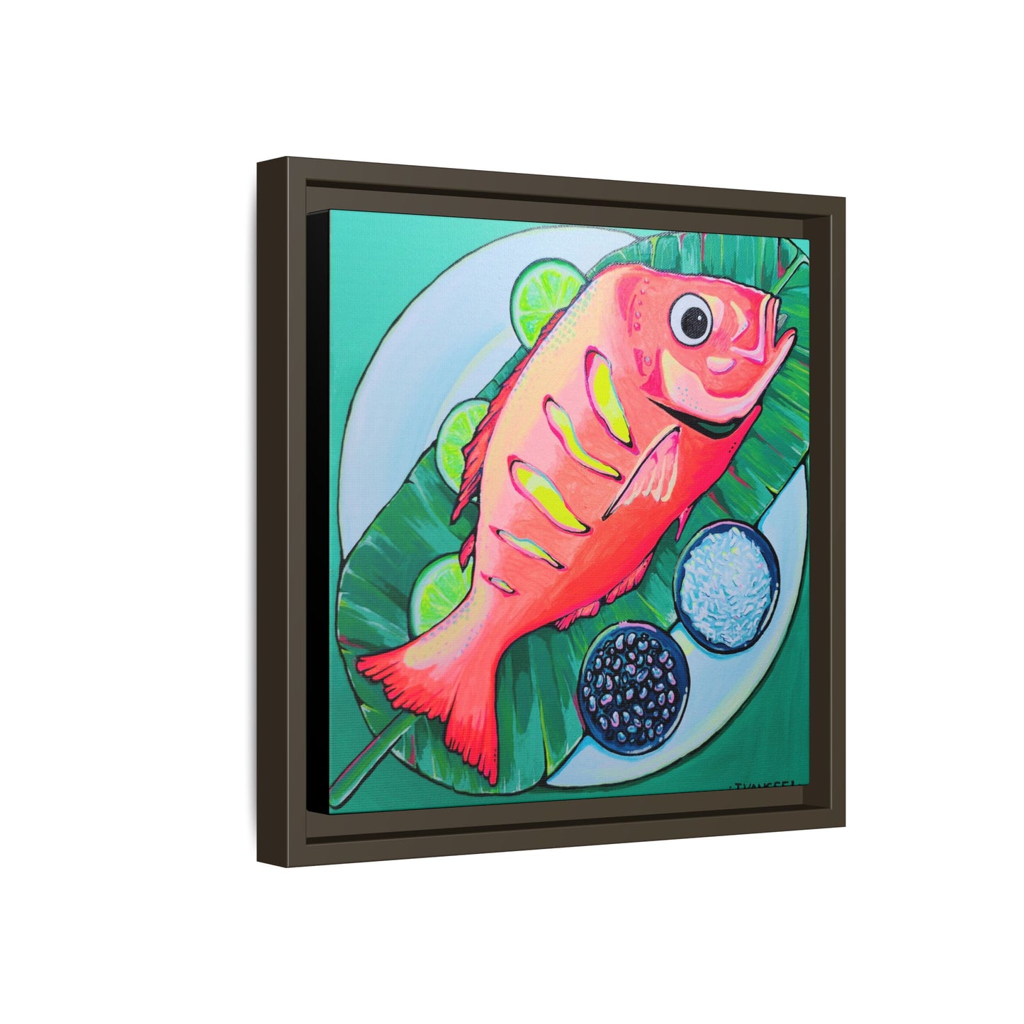 Framed Neon Fried Fish Canvas Print