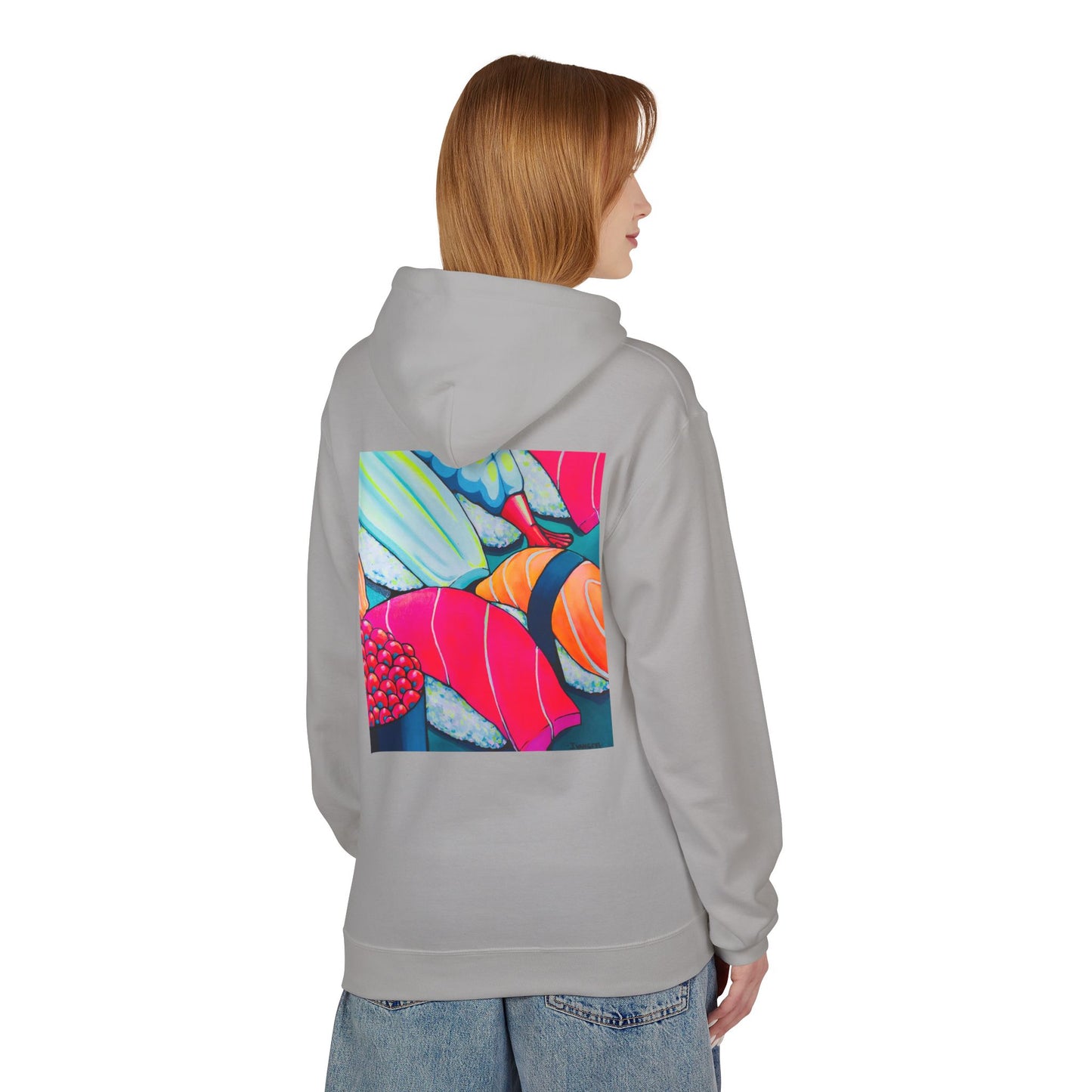 Sweat à capuche doux unisexe néon motif sushis