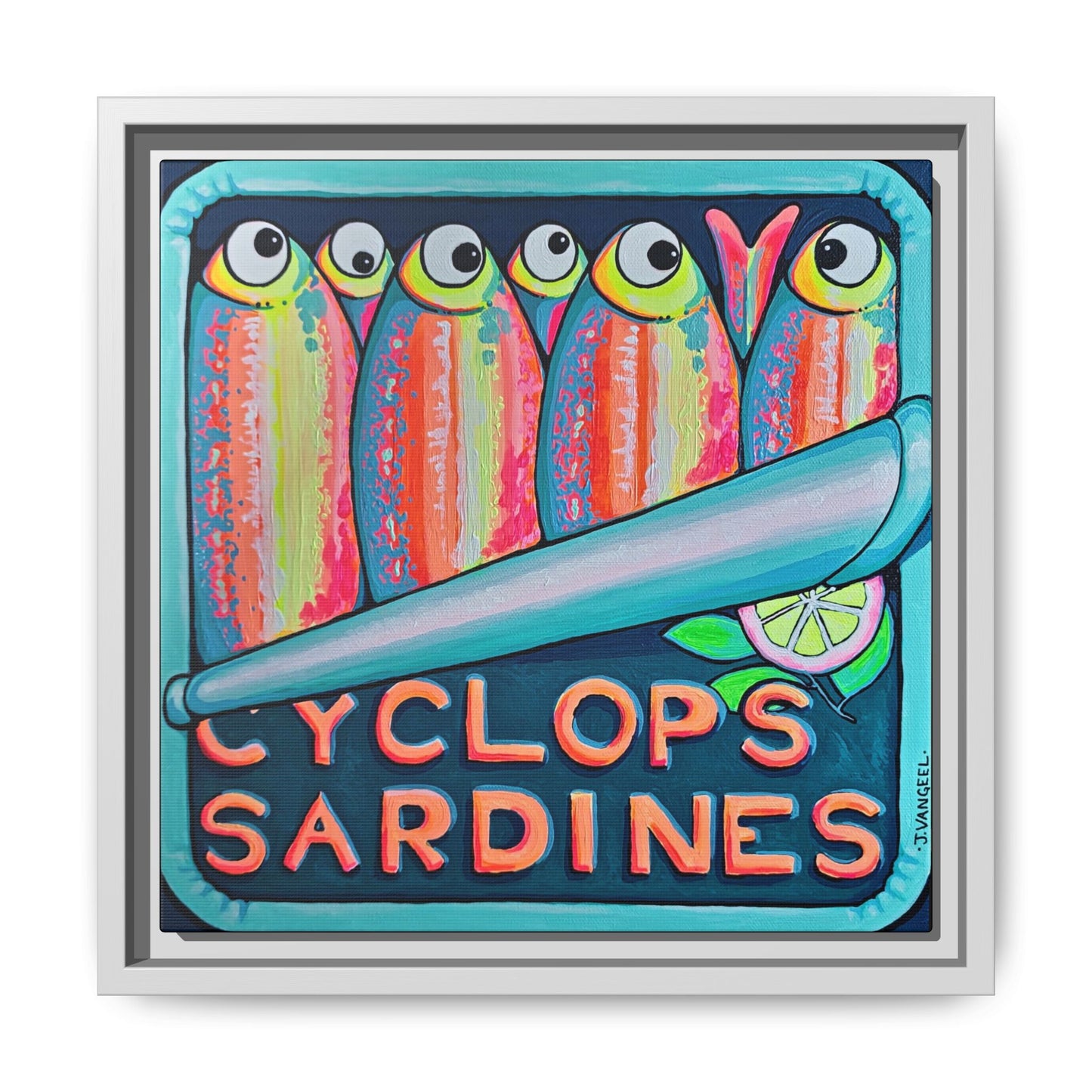 Framed Neon Sardines Canvas Print