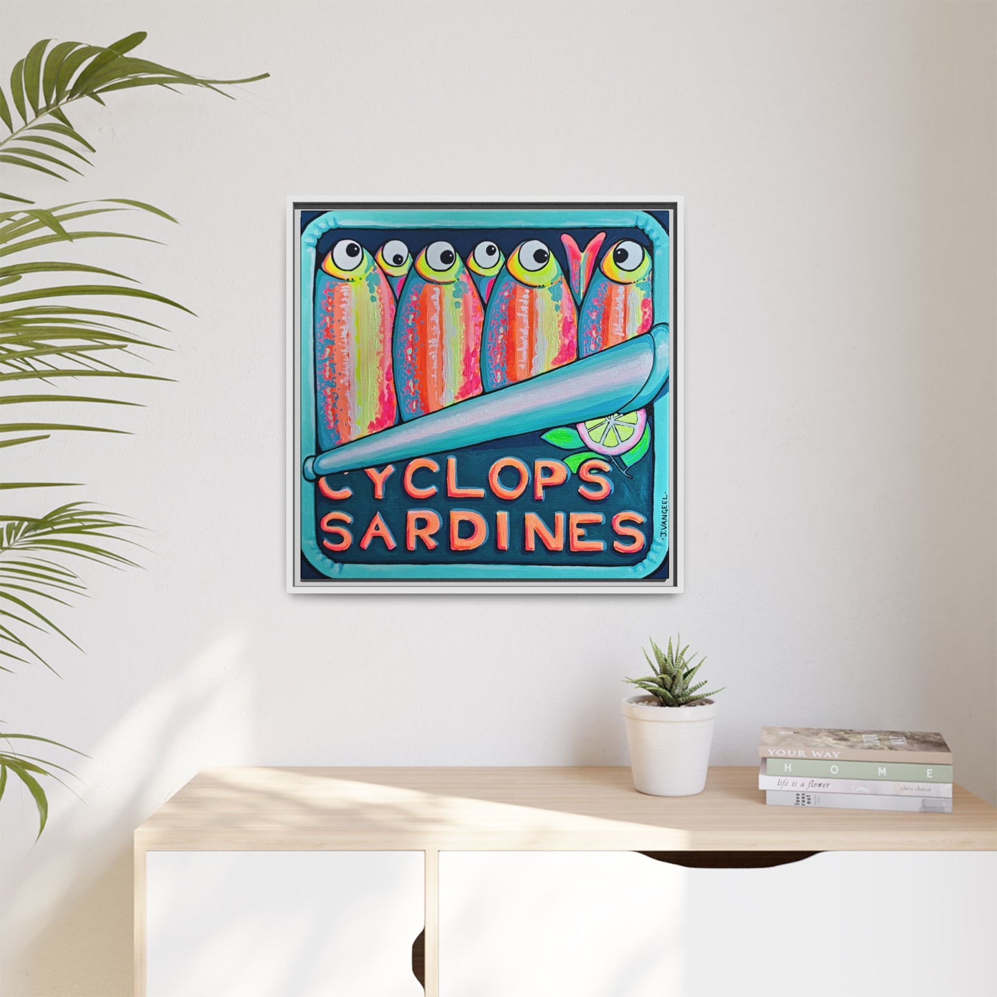 Framed Neon Sardines Canvas Print