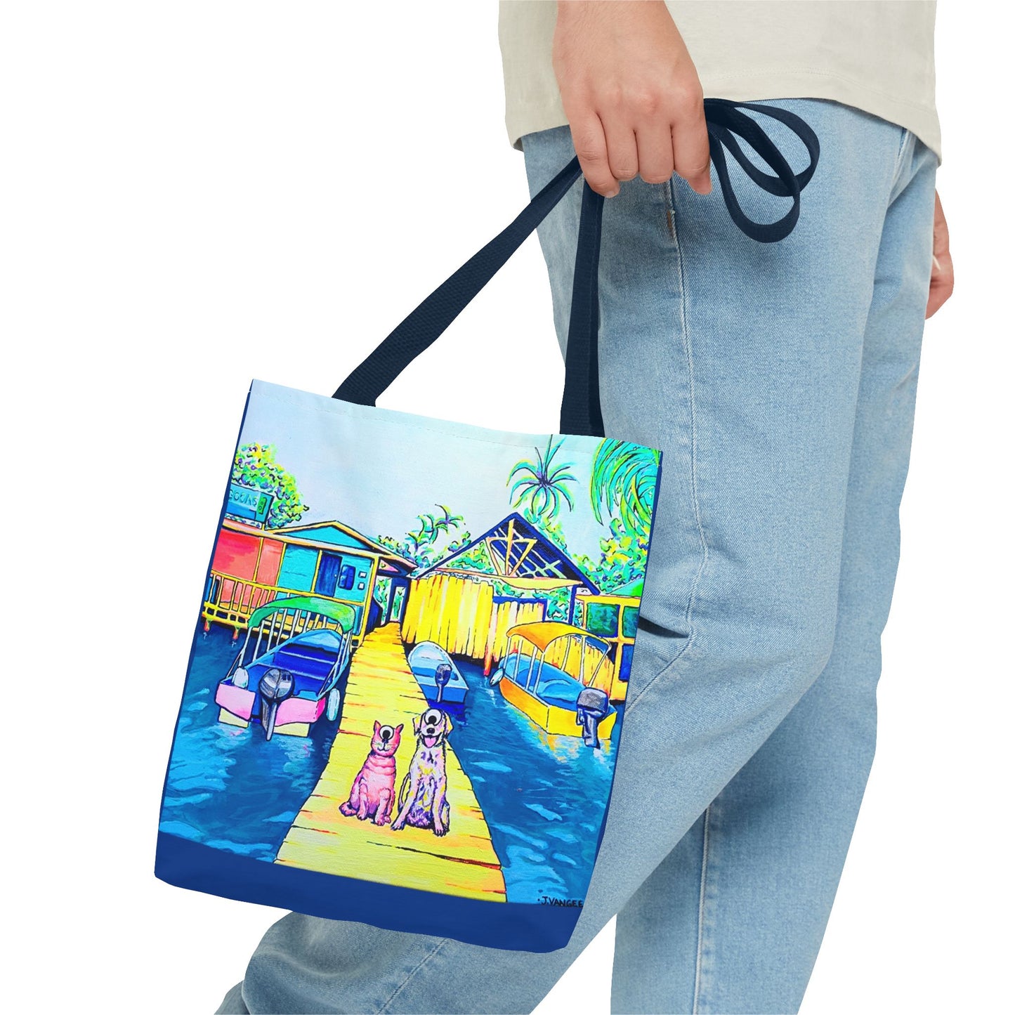 Premium Cyclops Cat and Dog in Bocas Tote Bag, Original Artist Design, Reusable Shopping Tote,  Eco-Friendly