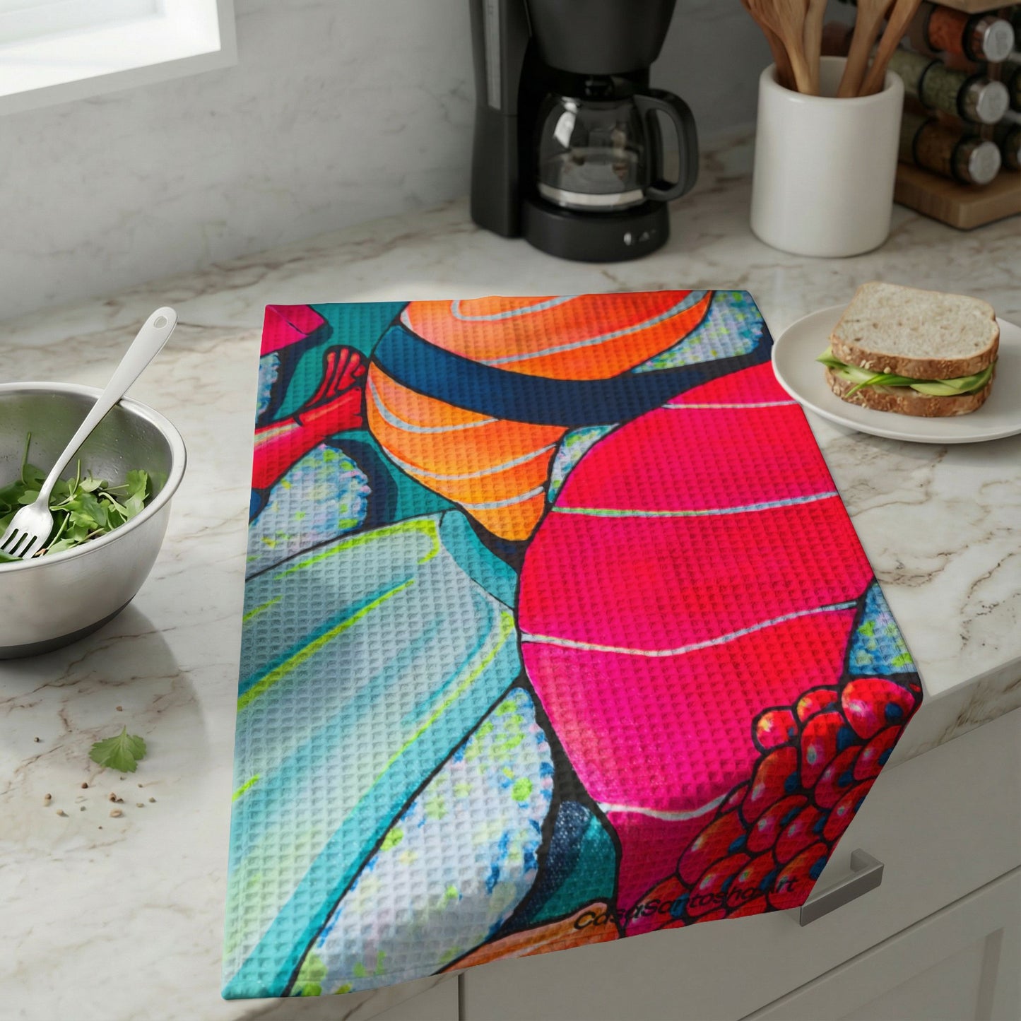 Serviette de cuisine gaufrée en néon Sushi
