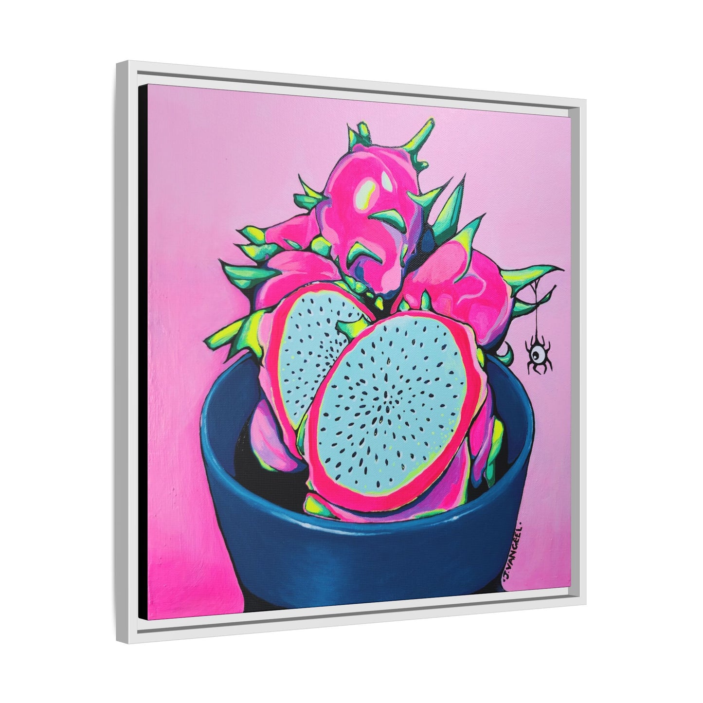 Framed Neon Pink Dragon Fruit Canvas Print