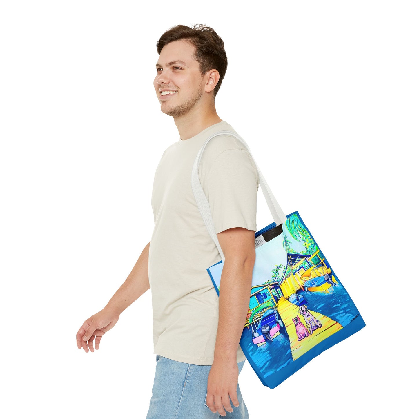 Premium Cyclops Cat and Dog in Bocas Tote Bag, Original Artist Design, Reusable Shopping Tote,  Eco-Friendly