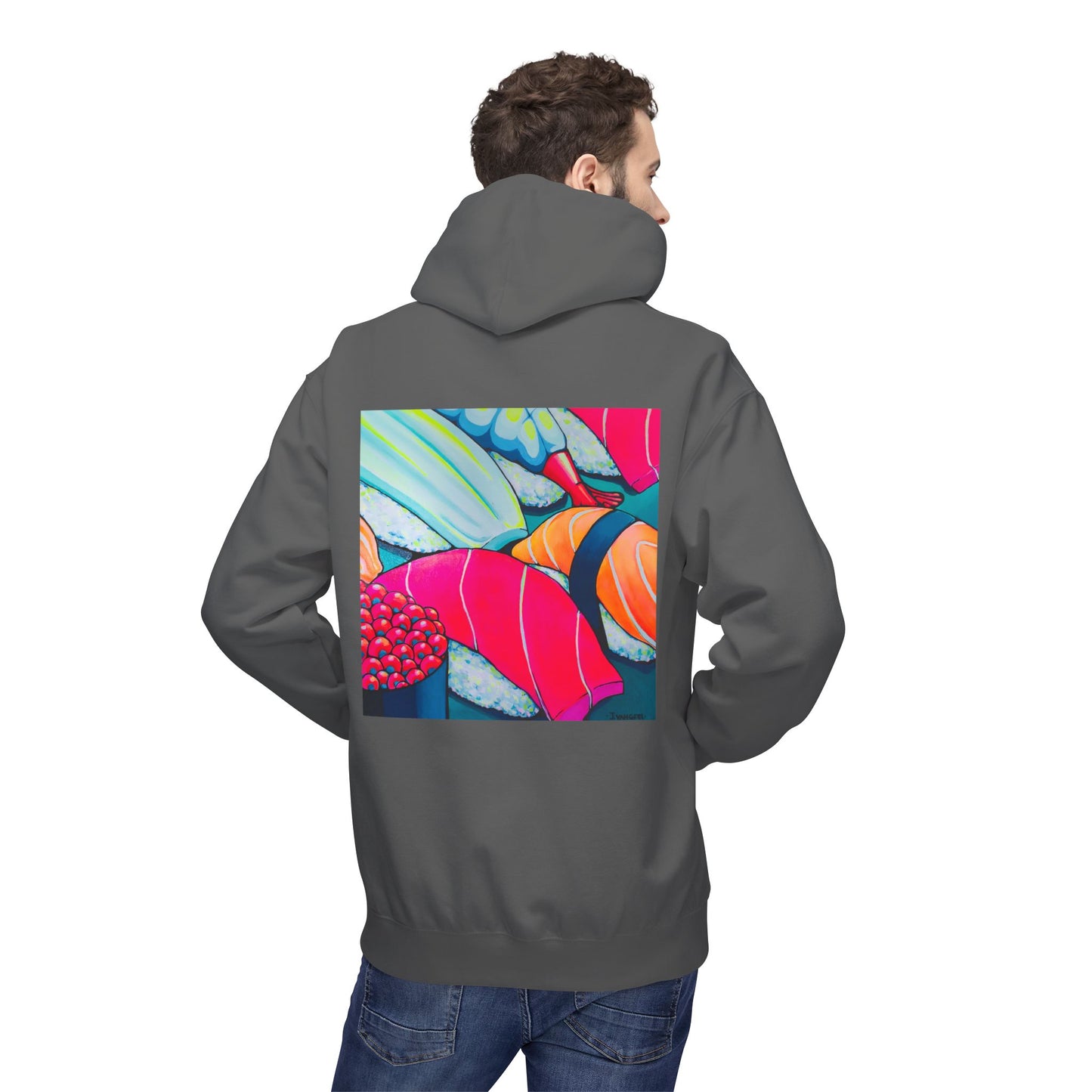Sweat à capuche doux unisexe néon motif sushis
