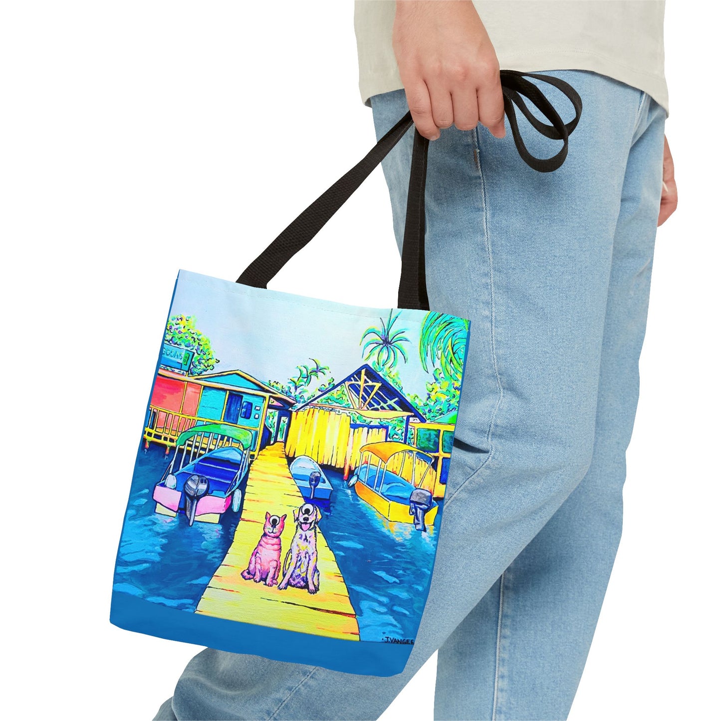 Premium Cyclops Cat and Dog in Bocas Tote Bag, Original Artist Design, Reusable Shopping Tote,  Eco-Friendly
