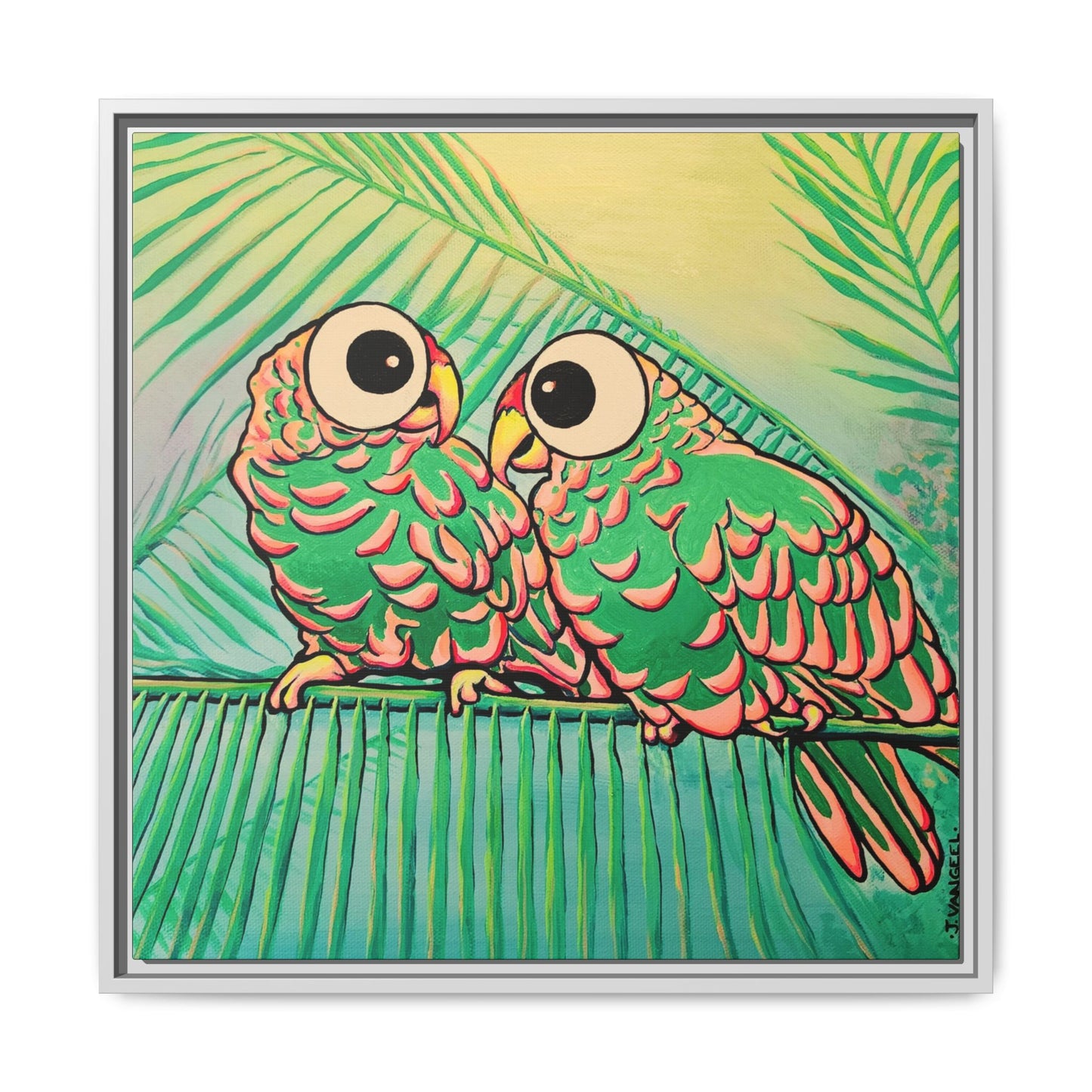 Framed Chatty Cyclops Parrots Canvas Print