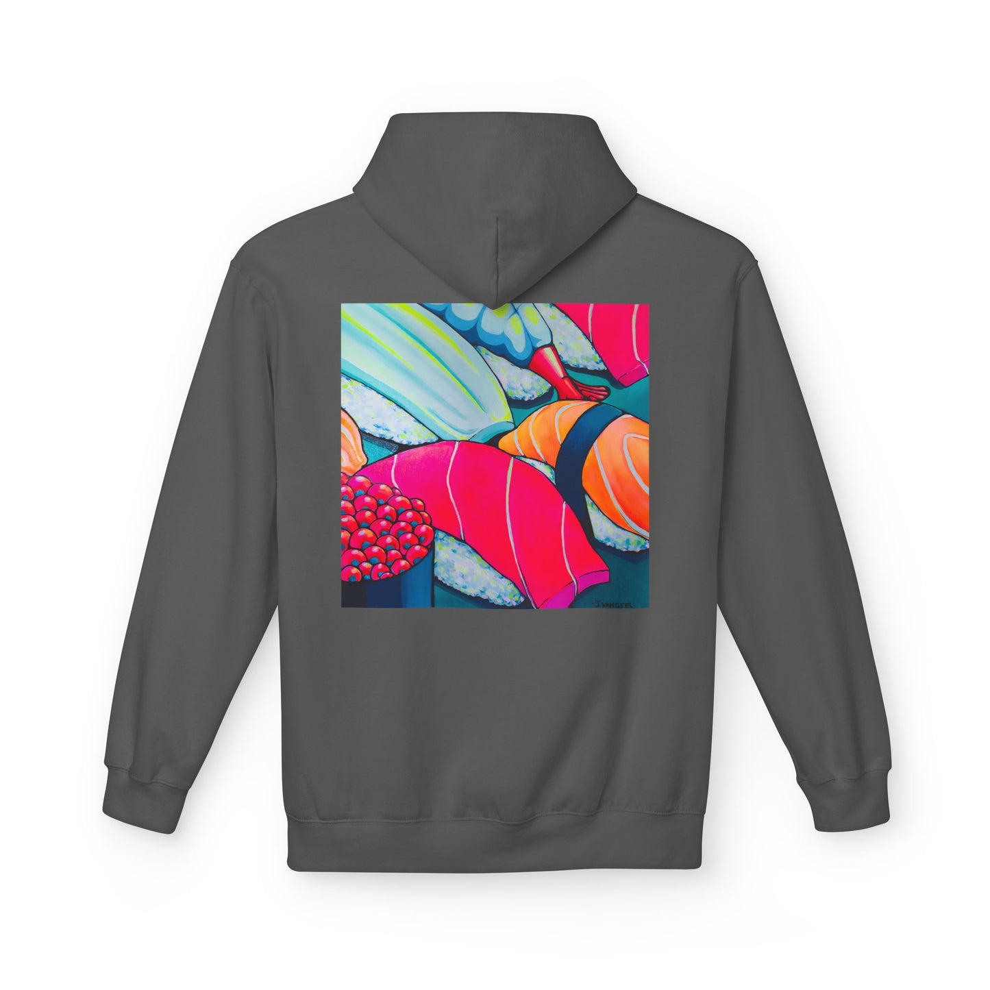 Sweat à capuche doux unisexe néon motif sushis