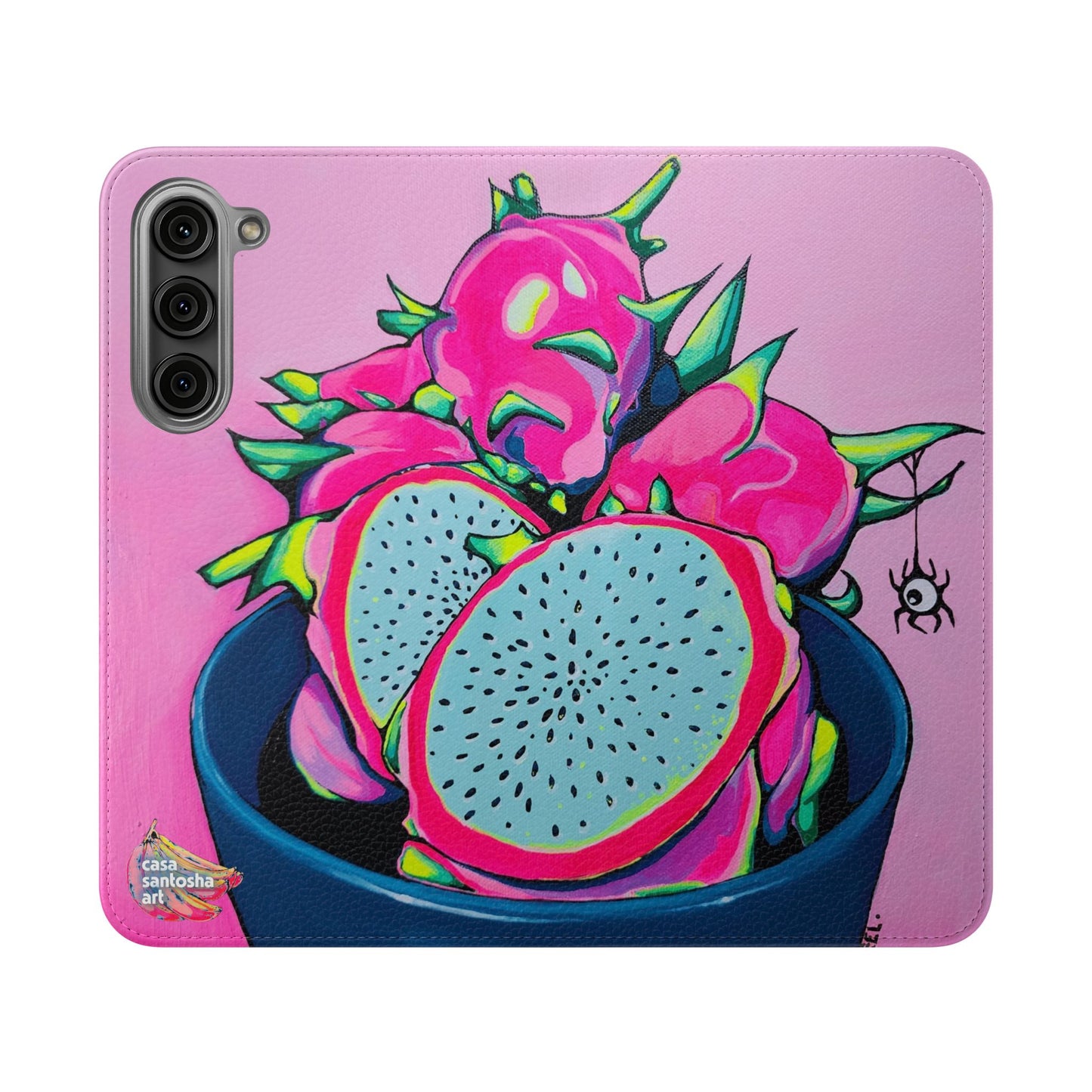 Neon Pink Dragon Fruit Flip Phone Case – Wallet Cover with Card Slots
