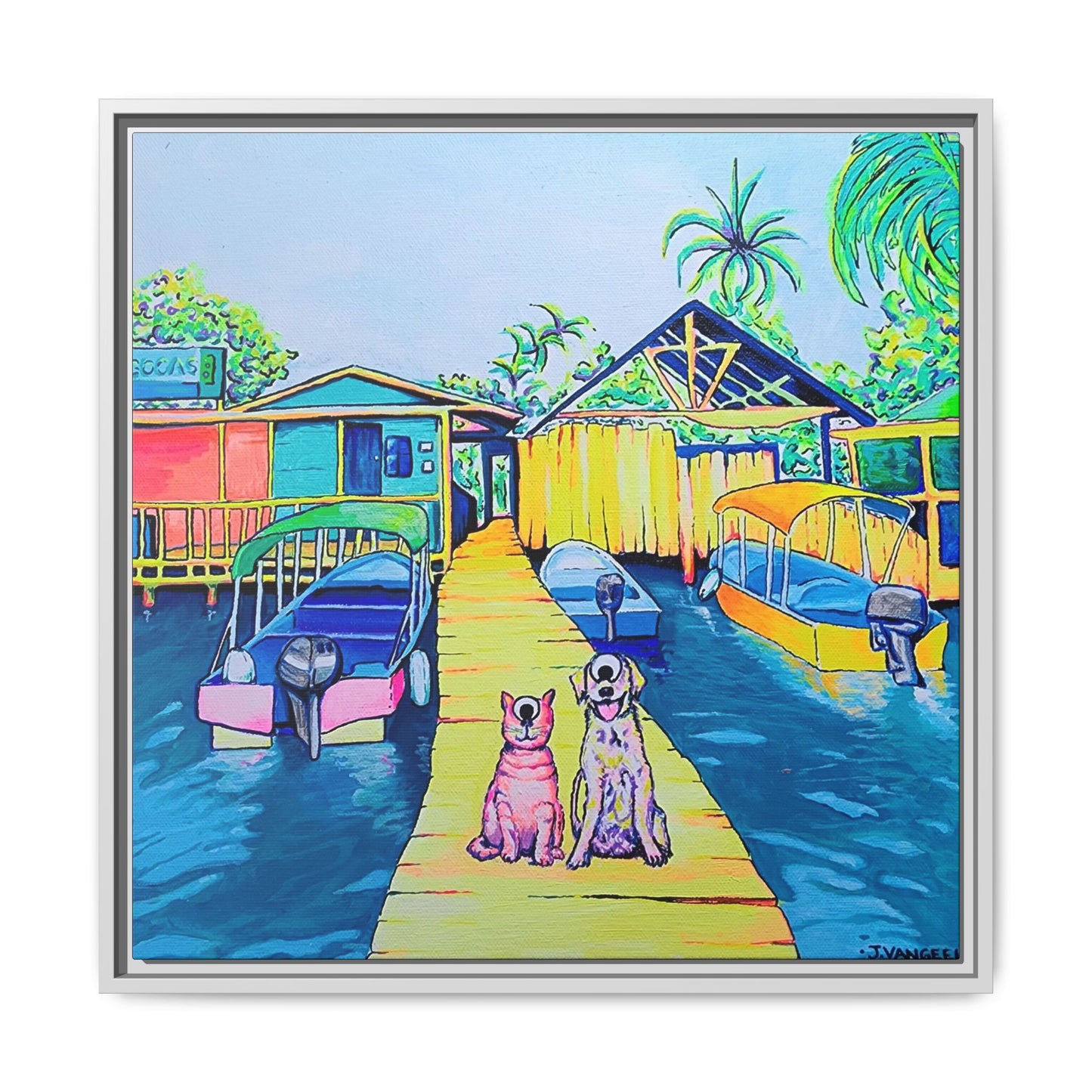 Framed Cyclops Cat and Dog in Bocas Canvas Print