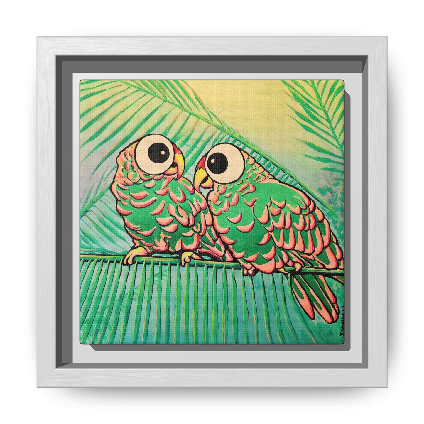 Framed Chatty Cyclops Parrots Canvas Print