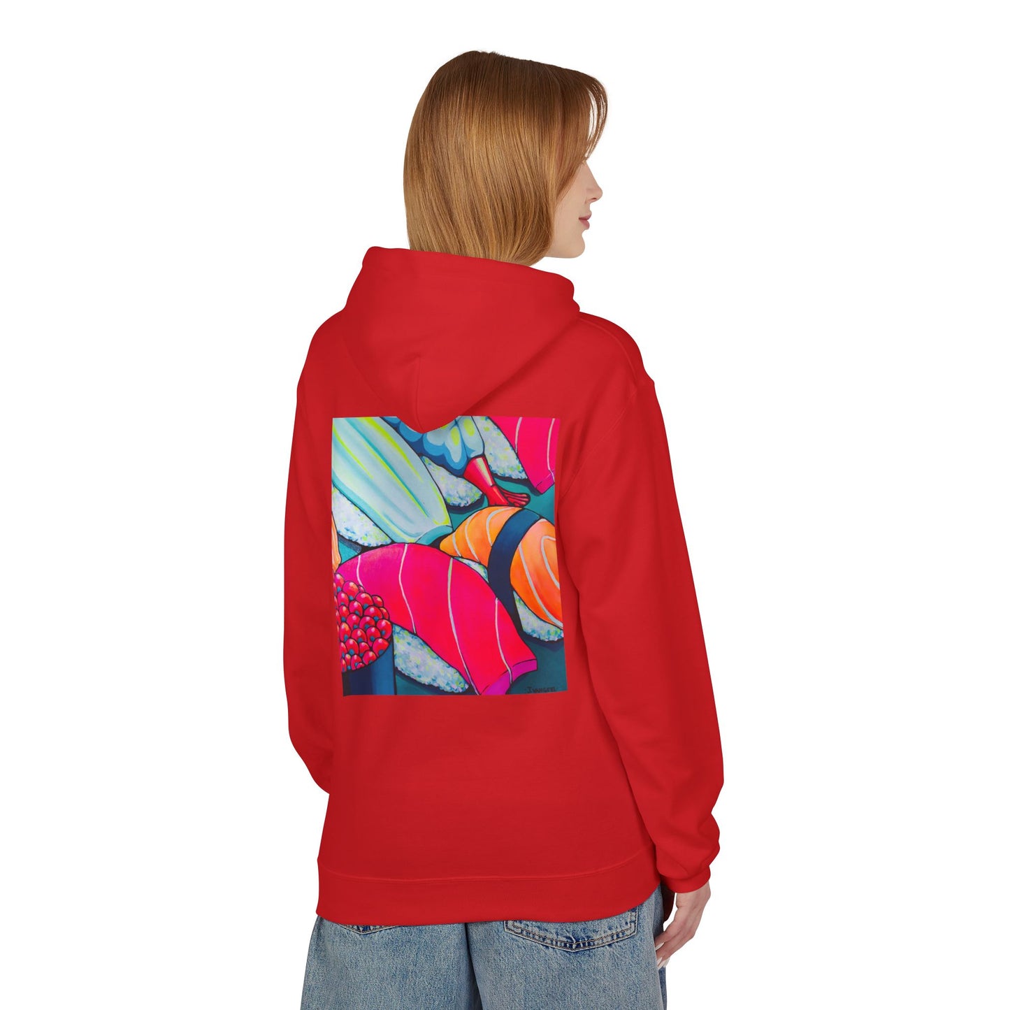 Sweat à capuche doux unisexe néon motif sushis